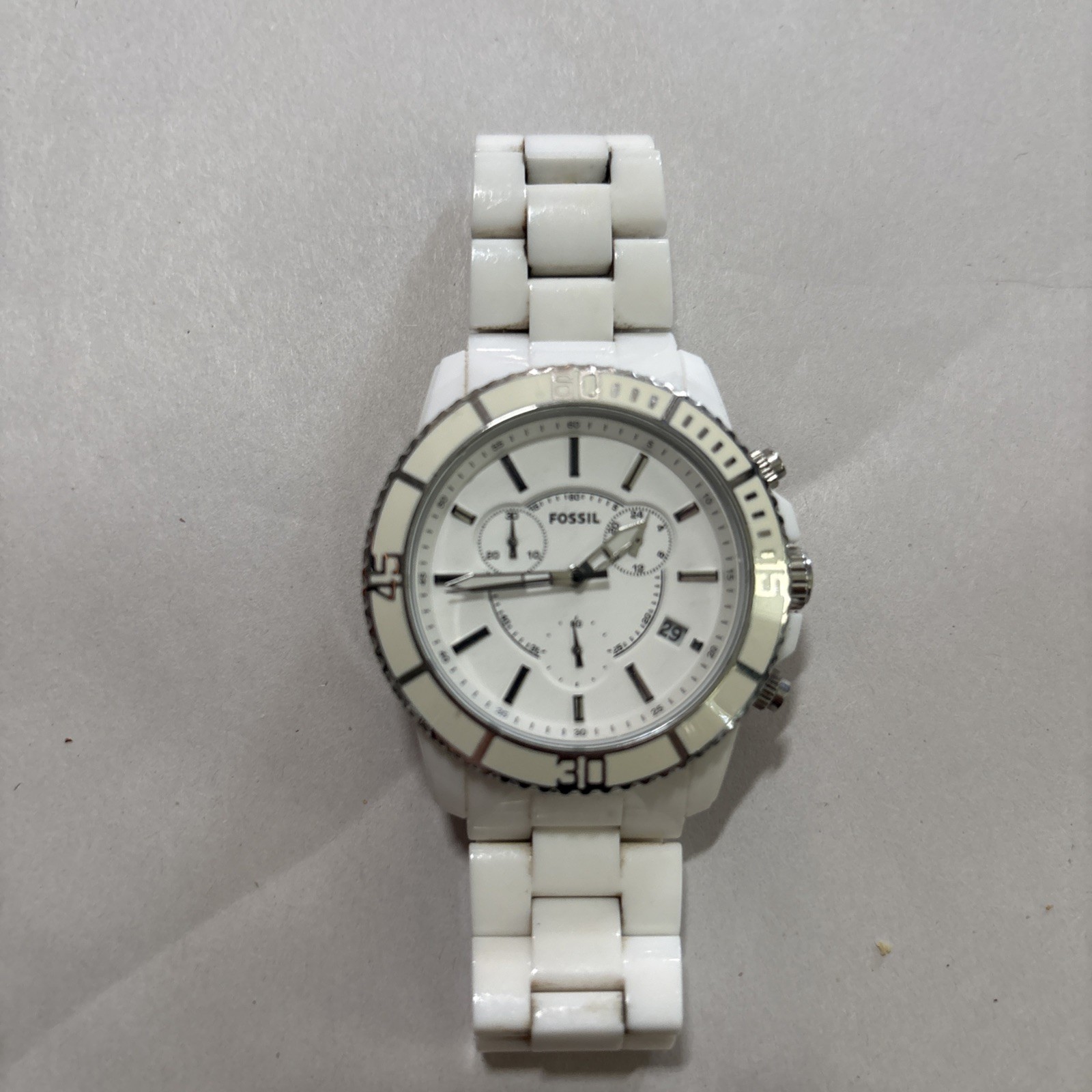 Fossil Mens Watch 42mm White Dial Chronograph CH-2624 Resin New Battery EUC