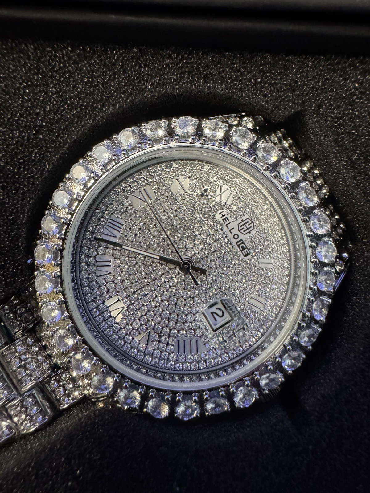 HELLOICE Iced-Out Silver Tone Roman Numeral Date Quartz Watch w/ Box
