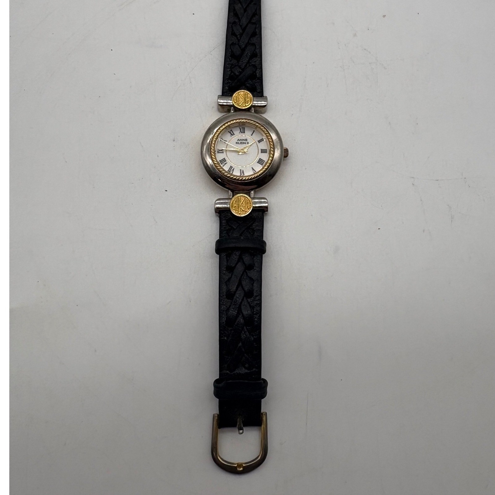 Anne Klein II Womens 2 Tone Round Face Black Braided Leather Band Watch