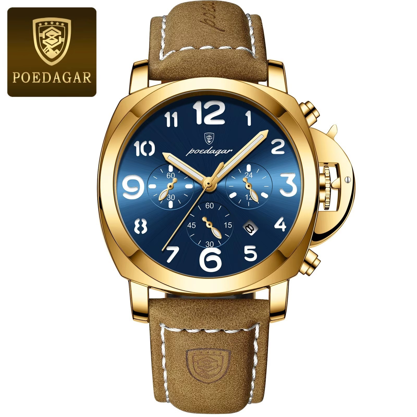 45MM POEDAGAR Quartz Men’s Luxury Watch Leather Band 30M Waterproof Luminous NEW