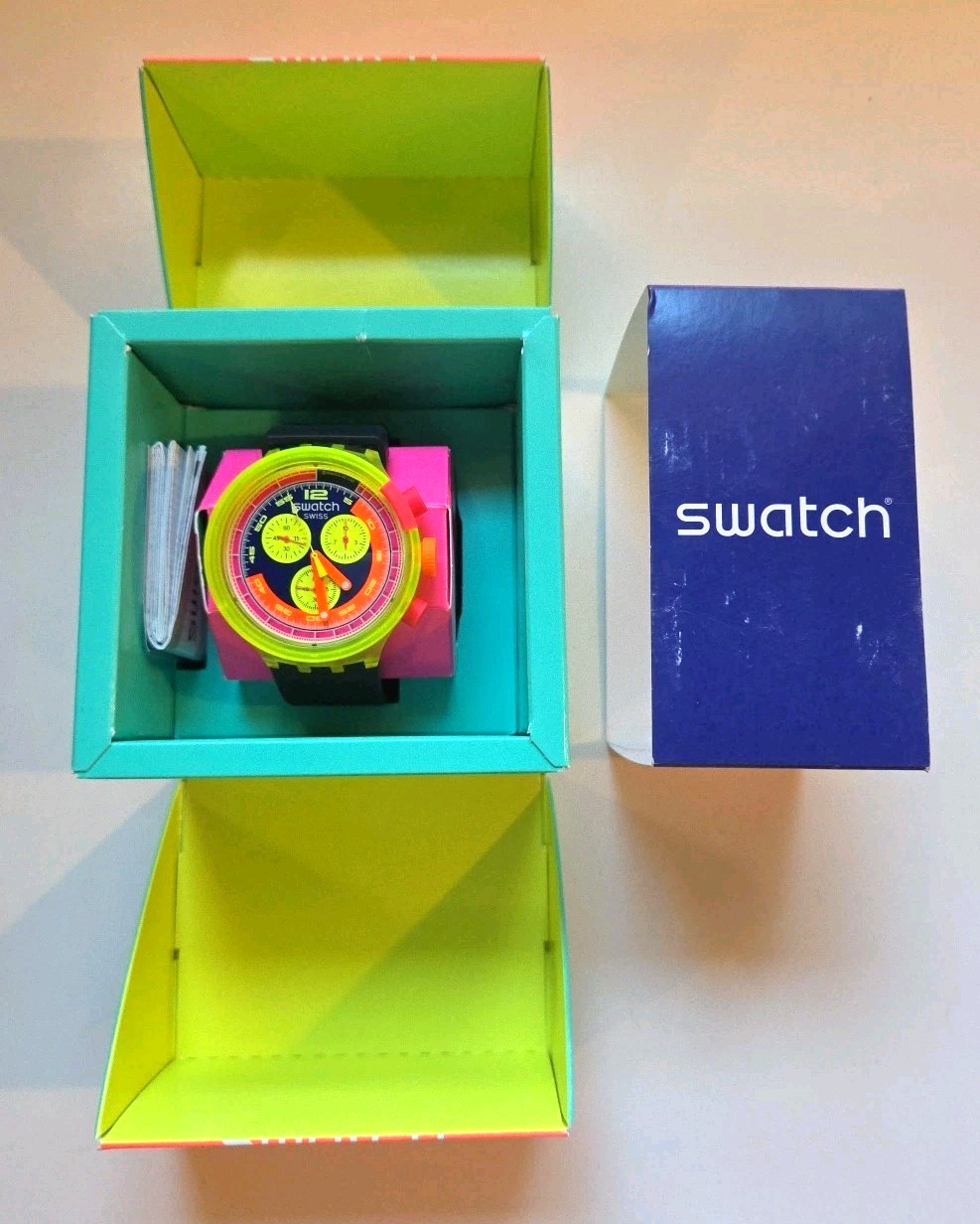 SWATCH NEON TO THE MAX Watch SB06J100 Big Bold Chronograph 2023 Swiss WR 100ft