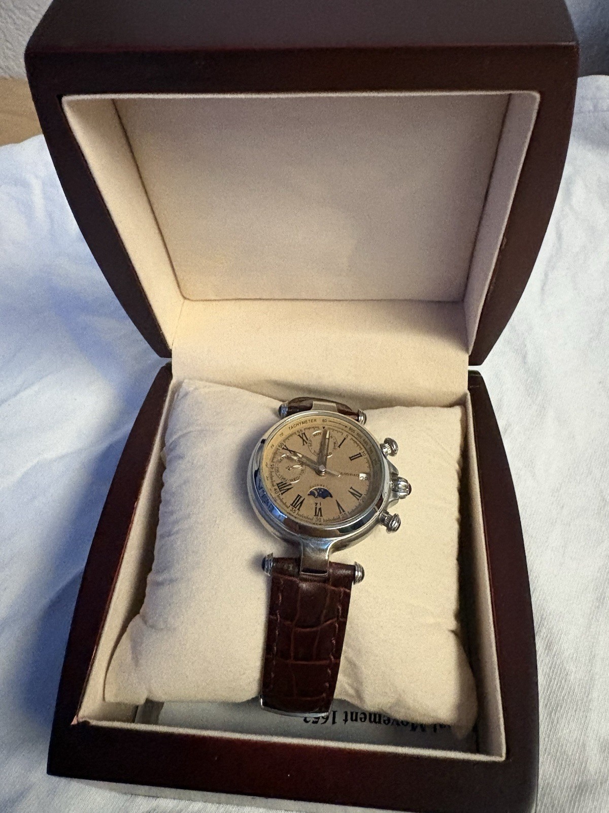 Automatic Moon Phase Multiple Time Zones Roman Dial Brown Leather Watch w/ Box