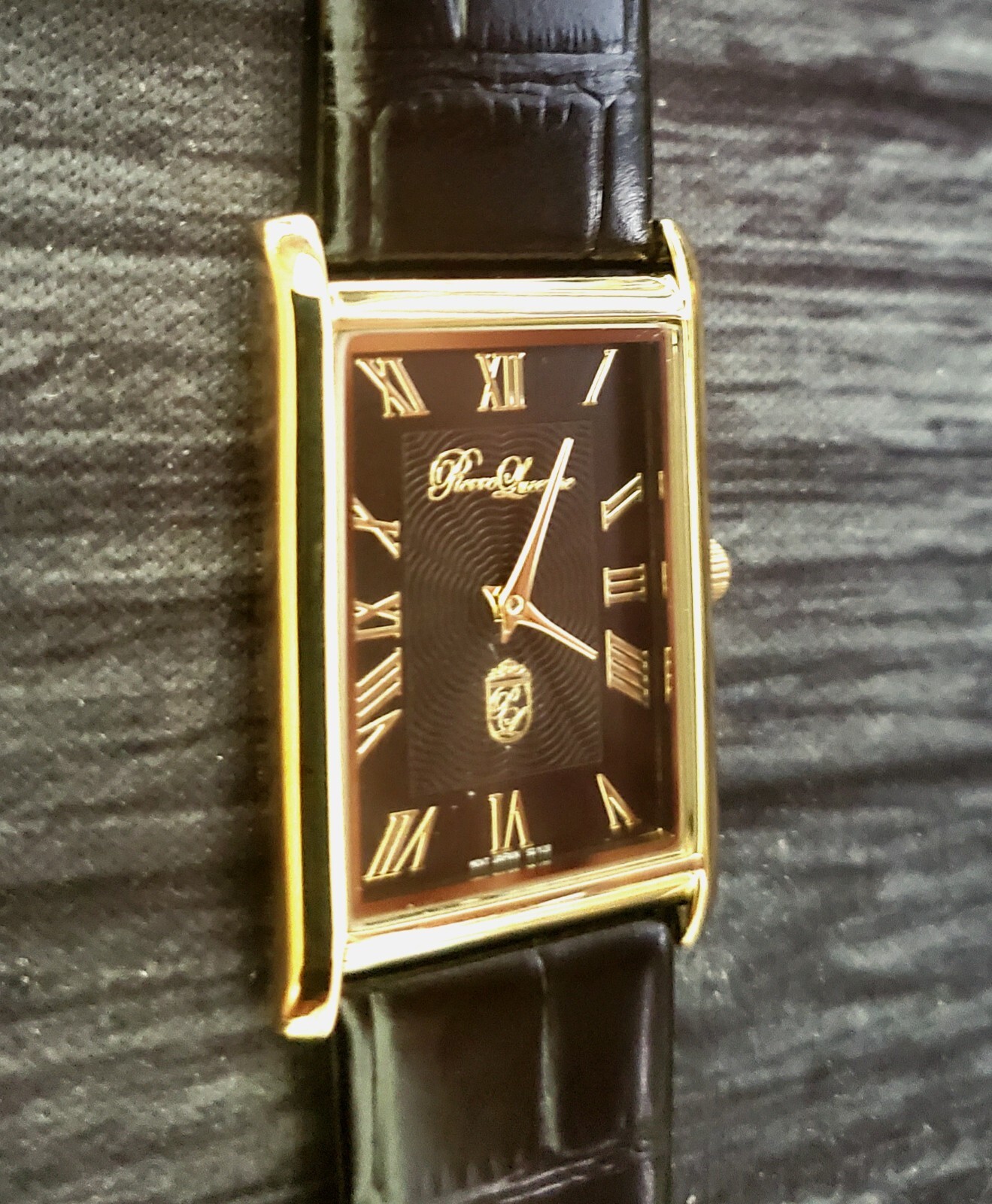 Authentic Pierre Lucerne Slim Quartz Mens BLK Tank Dress Watch