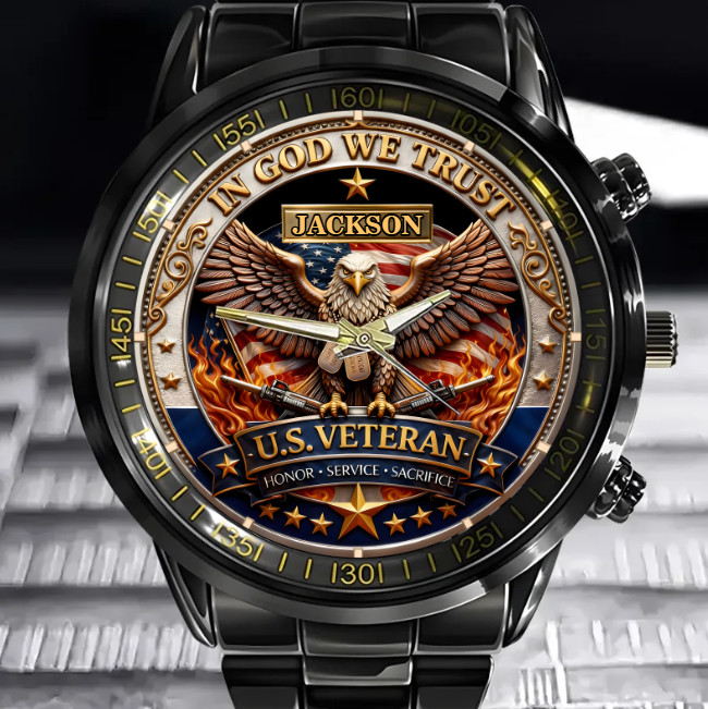 Personalized In God We Trust U.S. Veteran Soldiers Black Stainless Steel Watch