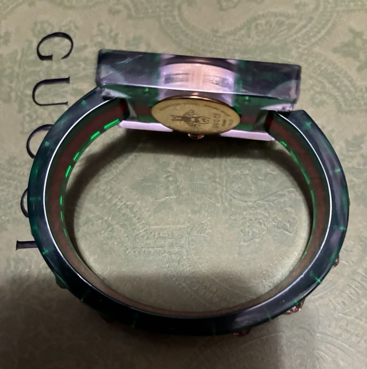 Gucci 143 Women’s Quartz Analog Watch Pink Dial Green/Red Bangle w/ Box