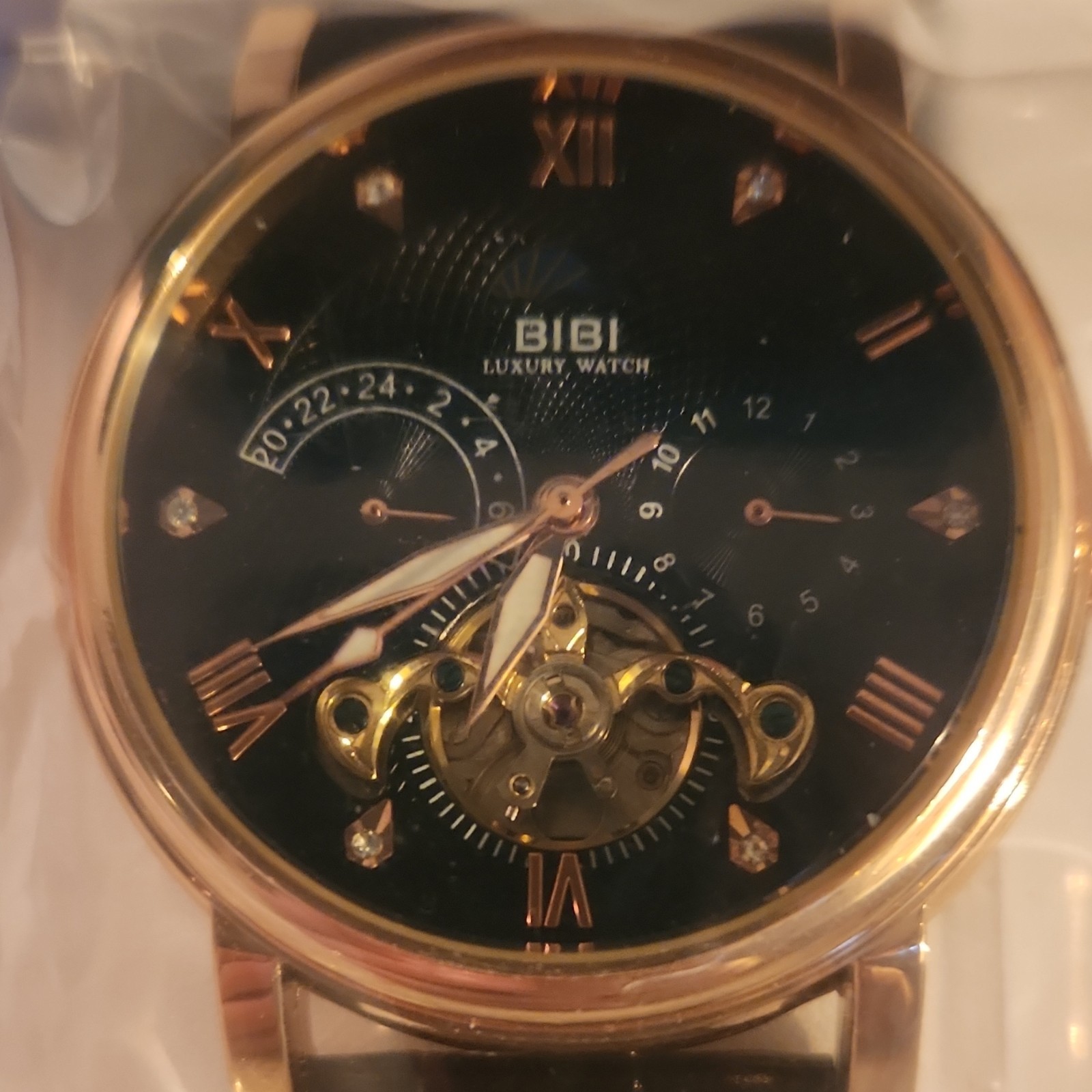 BIBI Luxury Automatic Skeleton Black Dial Gold Tone 44mm Watch Box/Manual