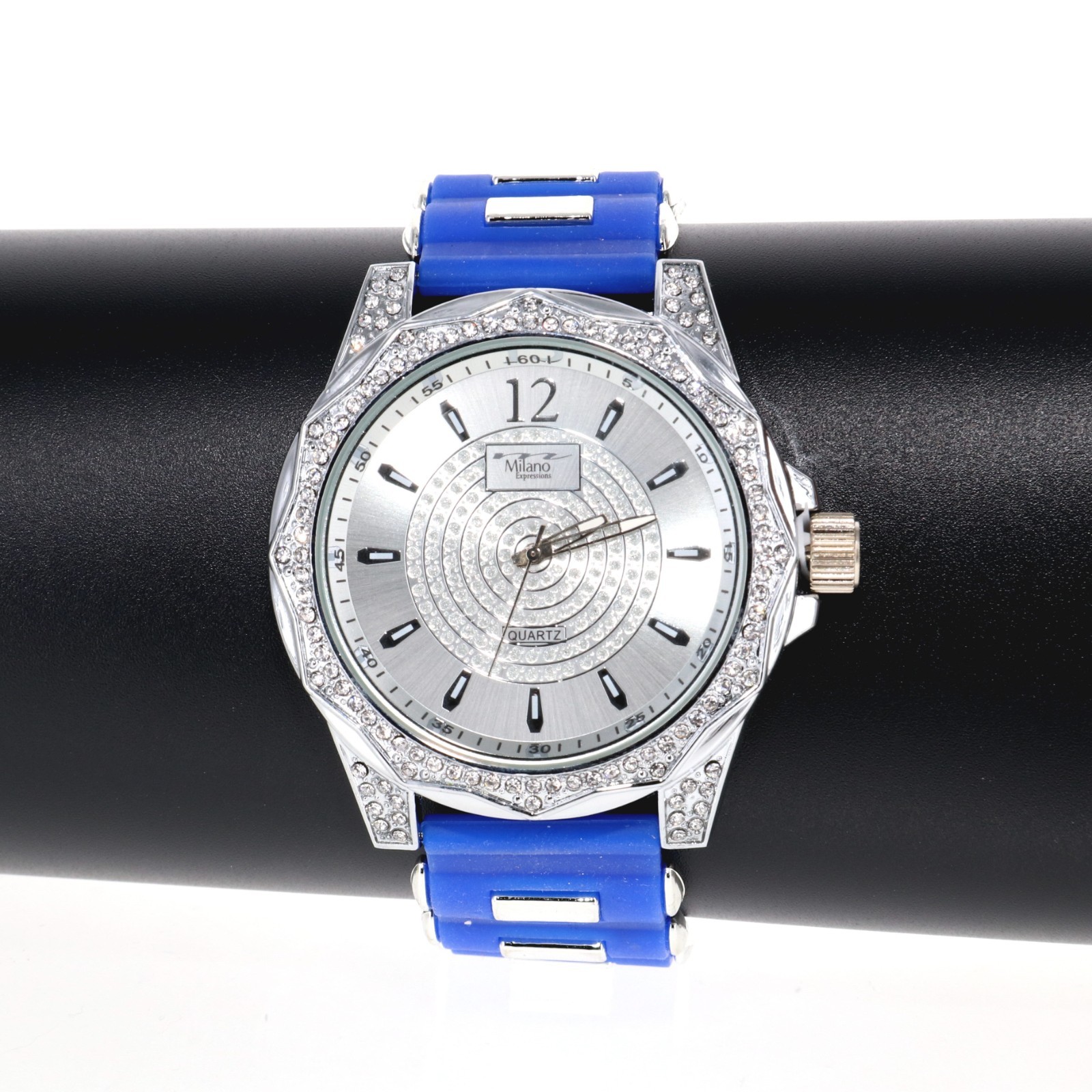 Men Gold Silver Fully Iced Bling Bezel Blue Silicon Bullet Band Hip Hop Watch