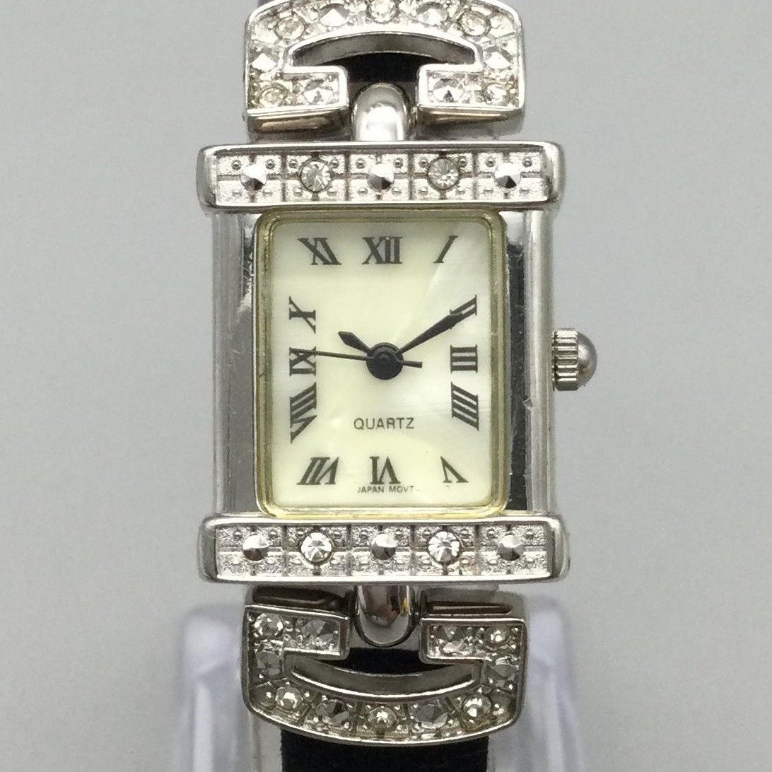 Avon Womens Watch 20mm Crystals Silver Tone Black Leather T312-1F New Battery