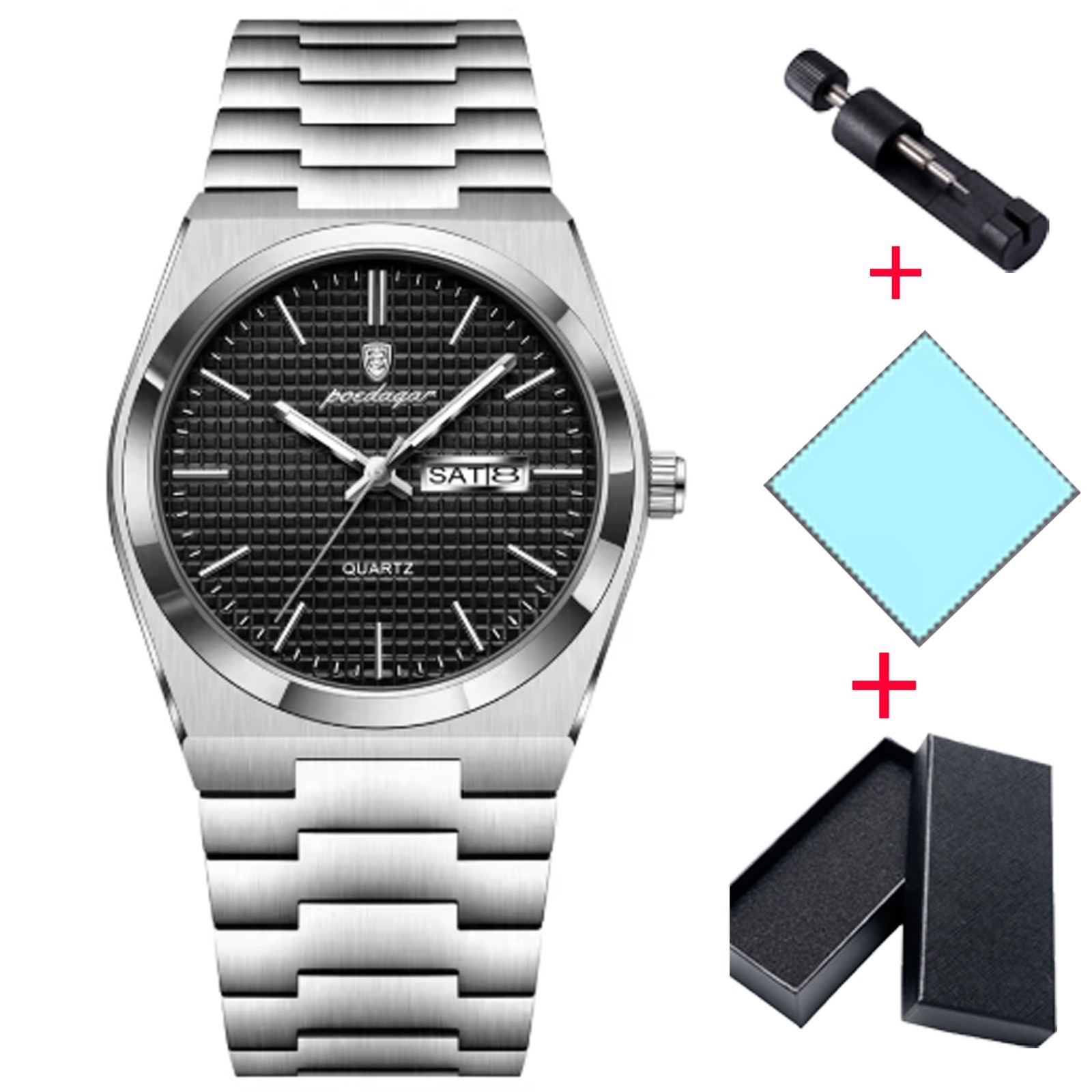 POEDAGAR Business Date Week Stainless Steel Waterproof Luminou Men Quartz Watch