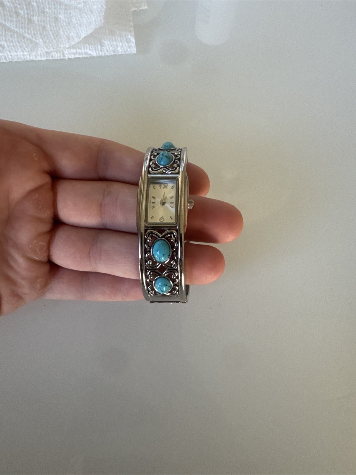 Bracelet Watch Women’s Jewelry Silver Tone Blue Stones Hinge Clasp