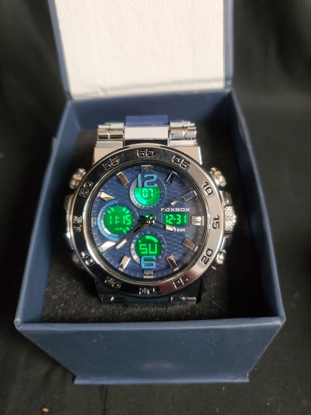 LIGE FOXBOX FB0033 Men’s Sport Watch Big Case Silicone Strap Chrome/Blue NEW