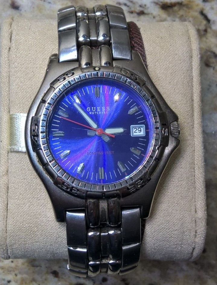 Guess Waterpro Blue Dial Date Indicator Stainless Steel Link Band Watch Japan