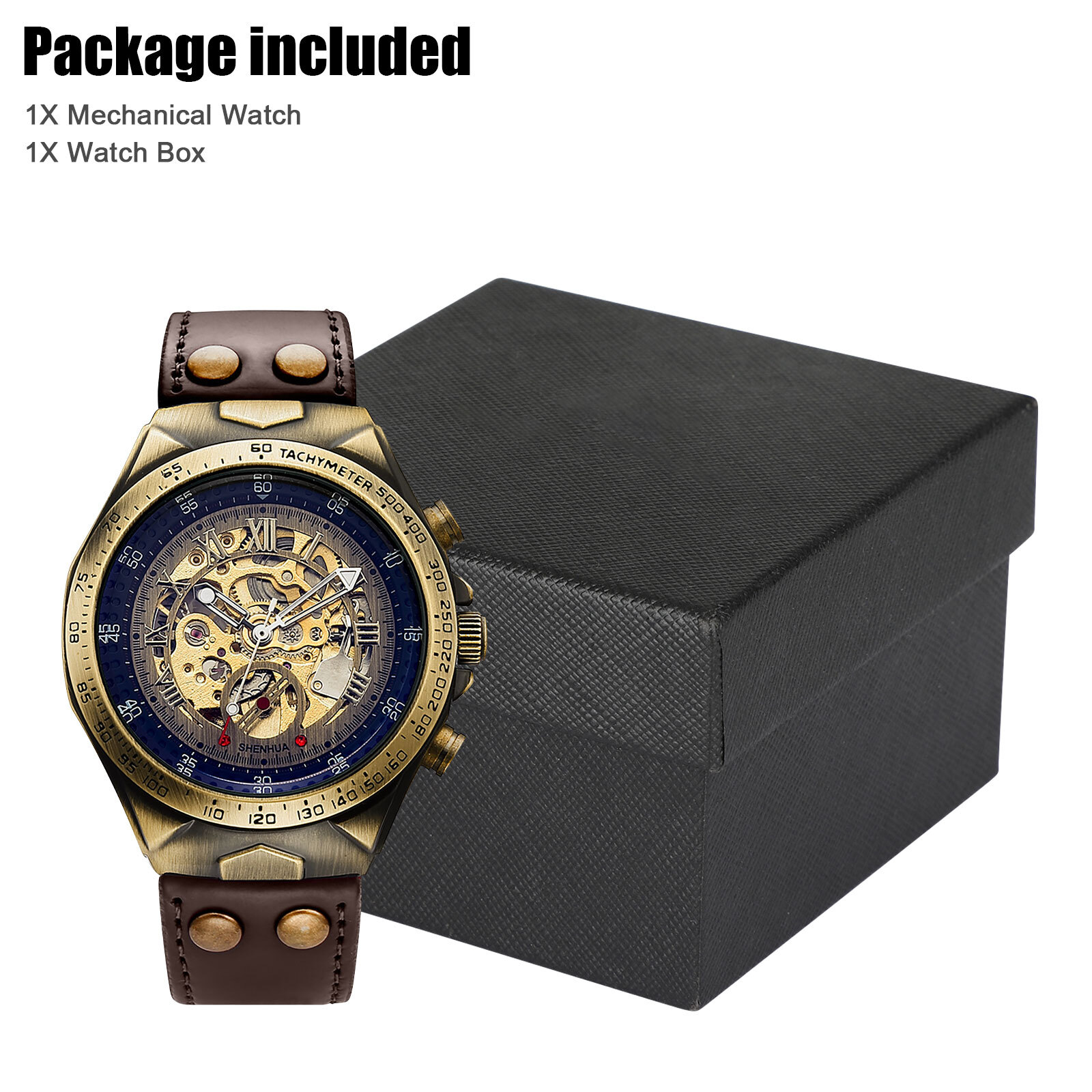 Luxury Men’s Automatic Mechanical Wrist Watch Leather Strap Retro Skeleton Dial