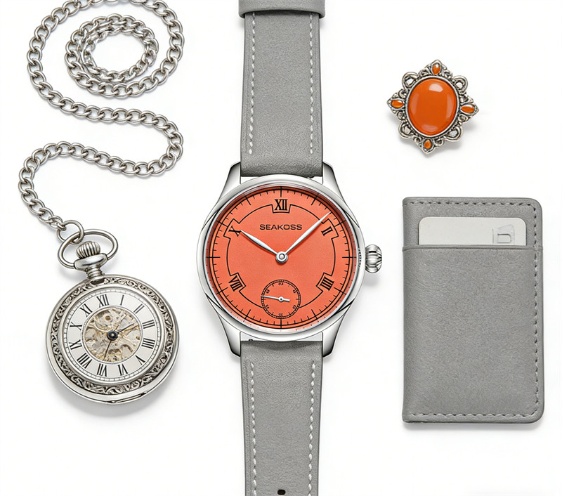 SEAKOSS Manual Wind Mechanical Watch Orange Roman Dial Small Seconds Gray Leathe