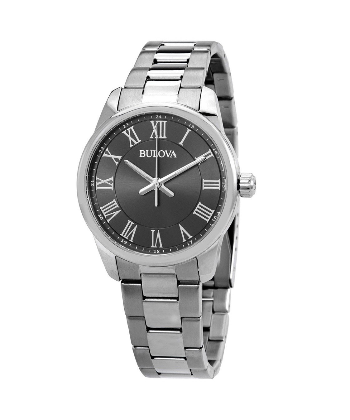 Bulova Mens Quartz 42mm Black Dial Roman Silver Steel Bracelet 30m 96A222
