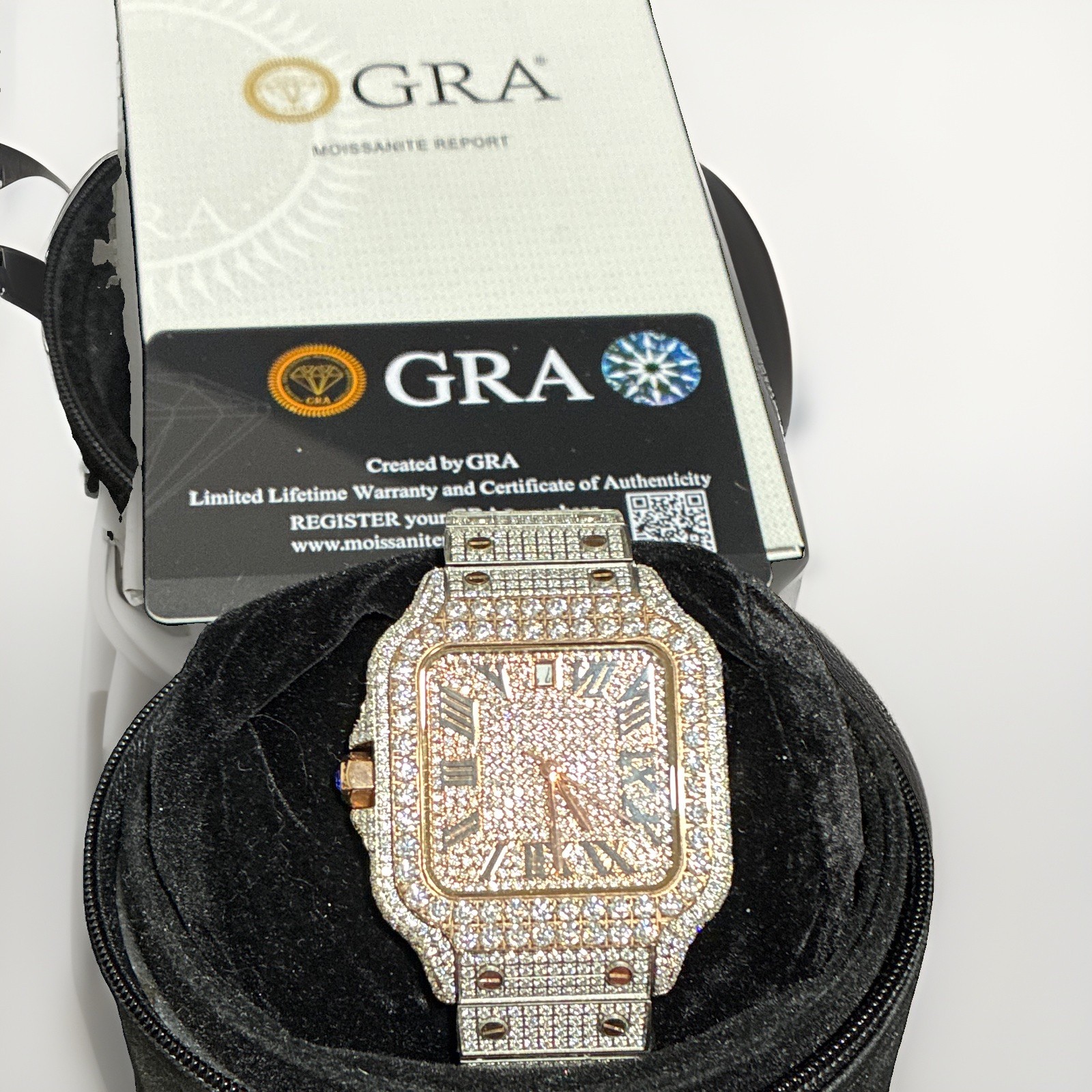 VVS1 Moissanite Iced Out Watch Silver/Rose w Sapphire Glass, Swiss made movement