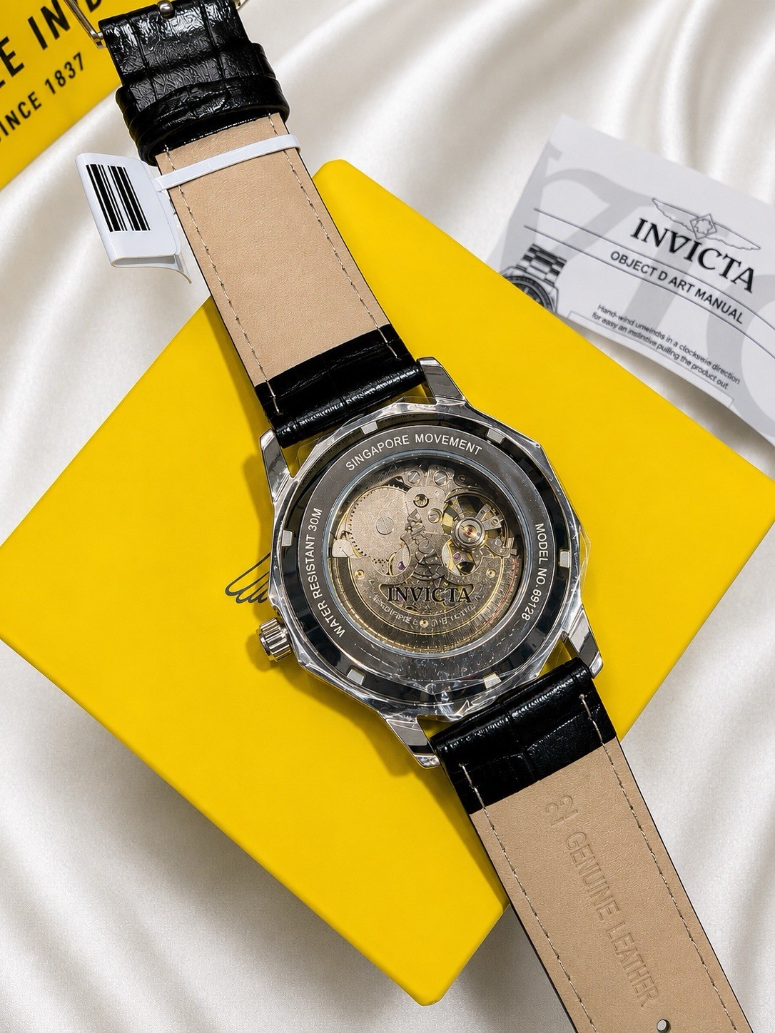 Invicta Object D’Art 69128 Automatic Skeleton Men’s Black Leather Watch NWT