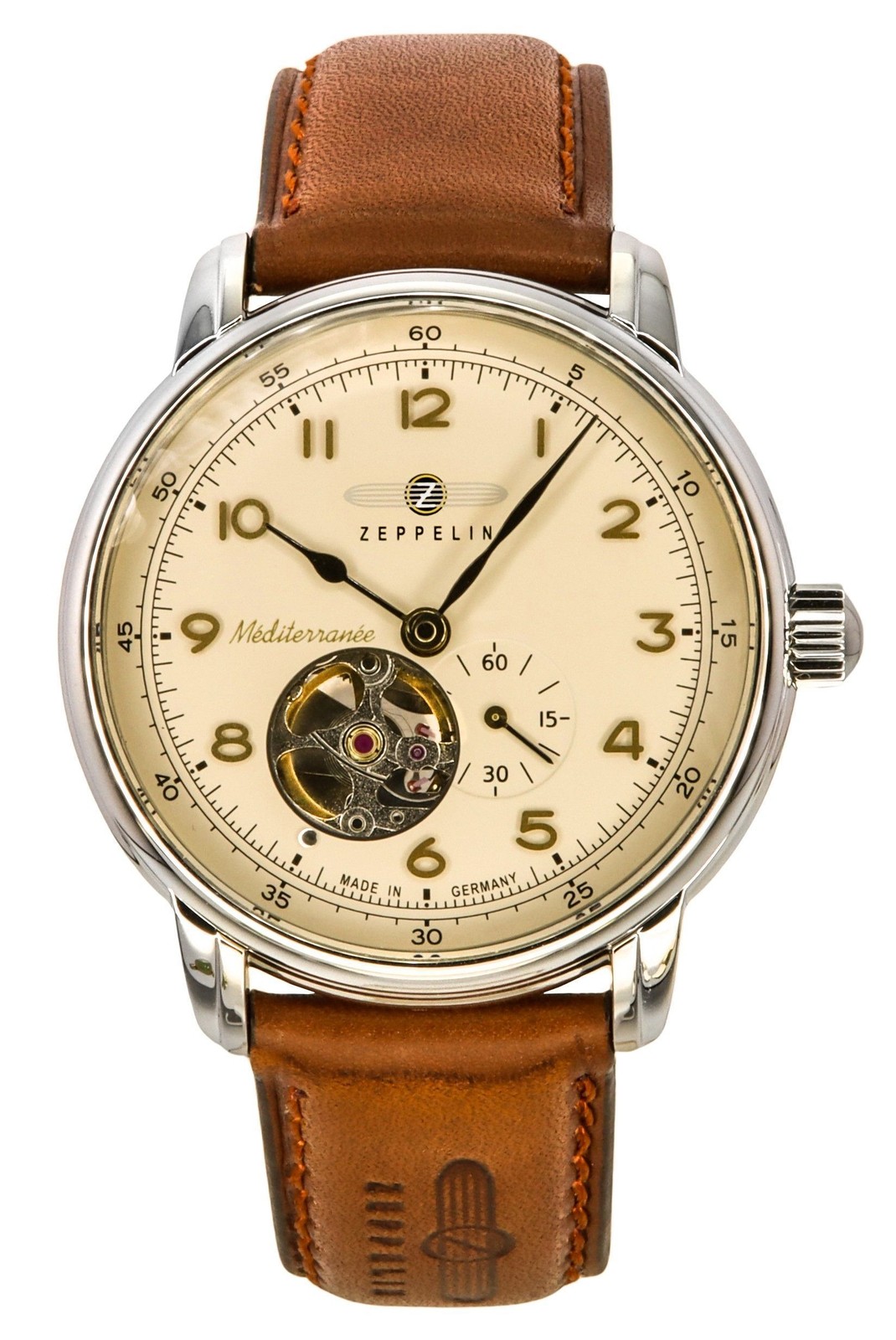 Zeppelin Mediterranee Leather Strap Open Heart Beige Dial Z96665 50M Mens Watch