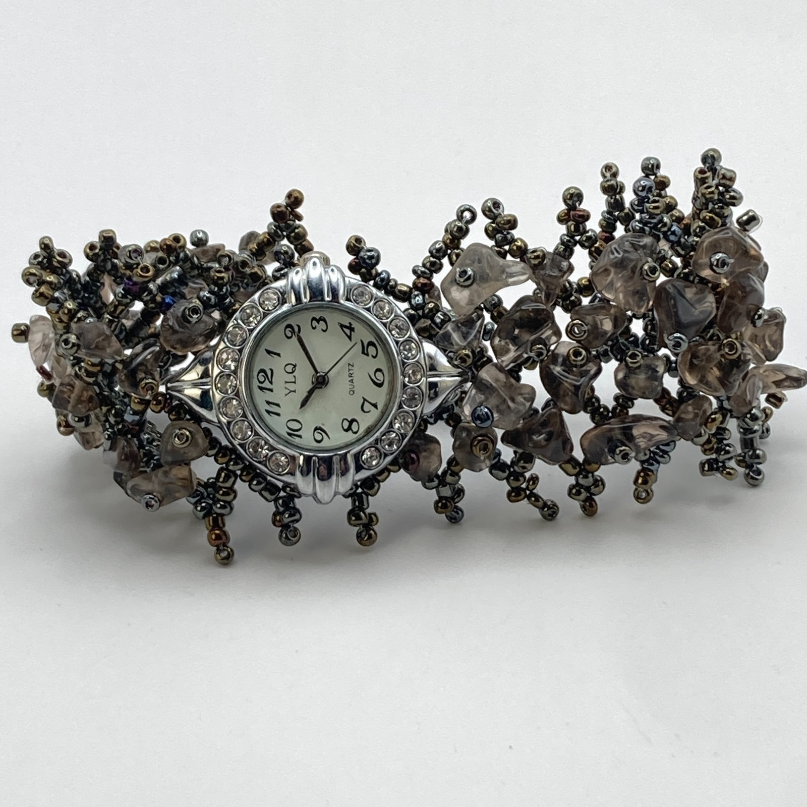 Artisan Womens Watch Beaded Gemstone Silver Tone Crystals New Battery 7.25″