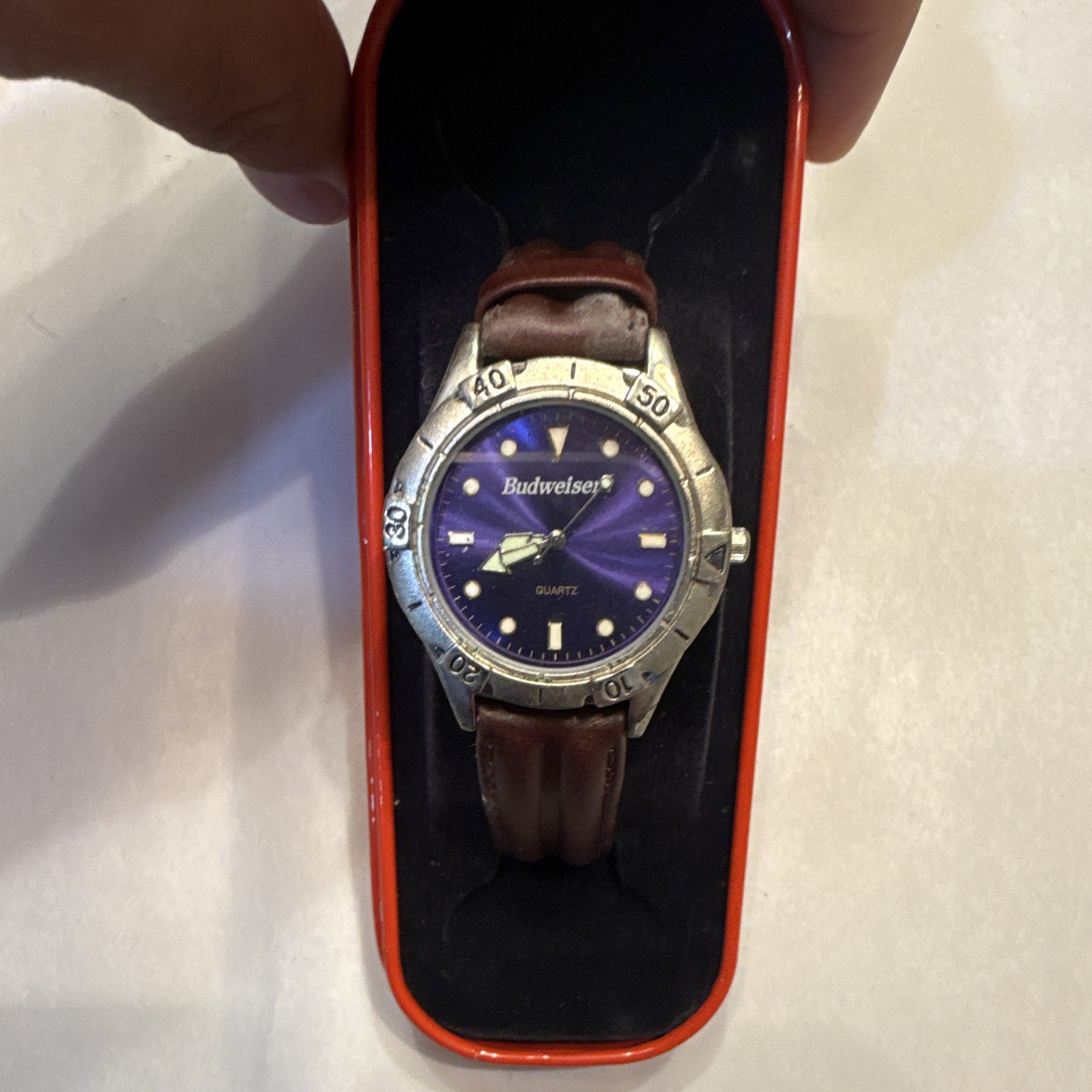 Budweiser Quartz Analog Vintage Watch Blue Dial Brown Leather Strap w/ Tin Case