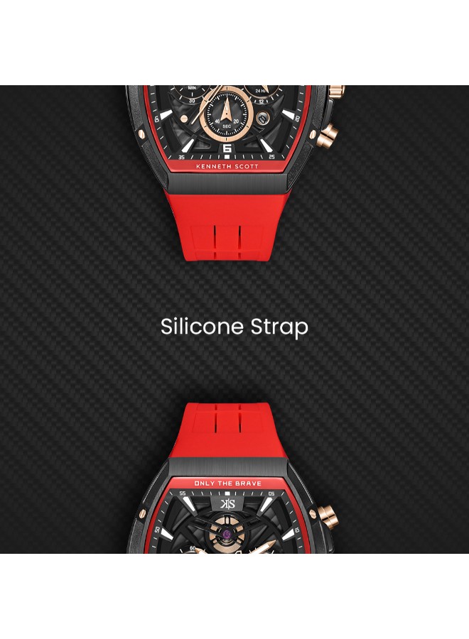 Kenneth Scott Men’s Chronograph Watch | Black Dial, Red Band, 44mm, 30 m (3 ATM)