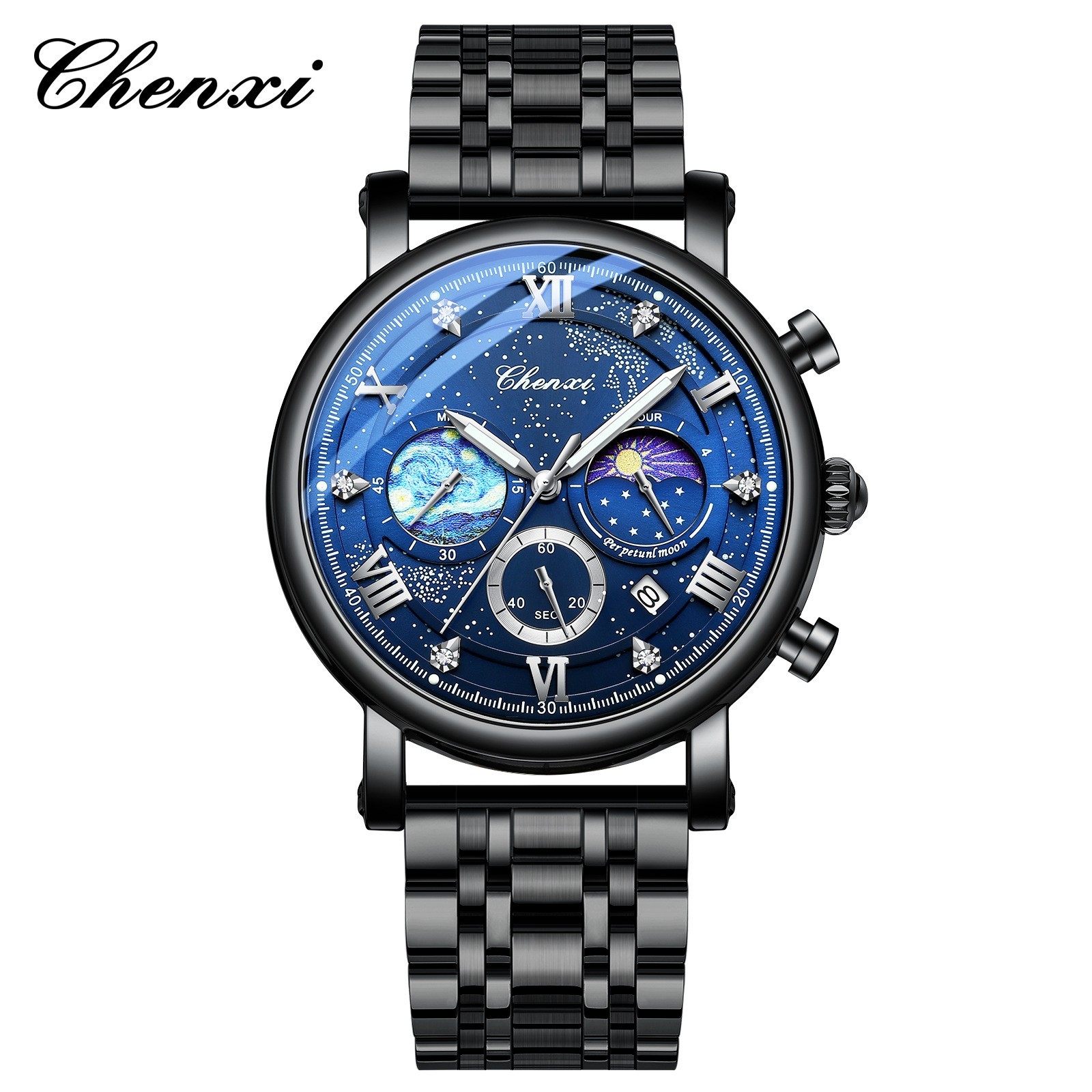 CHENXI Men’s Luminous Dial Calendar Chronograph Moon Phase Business Quartz Watch