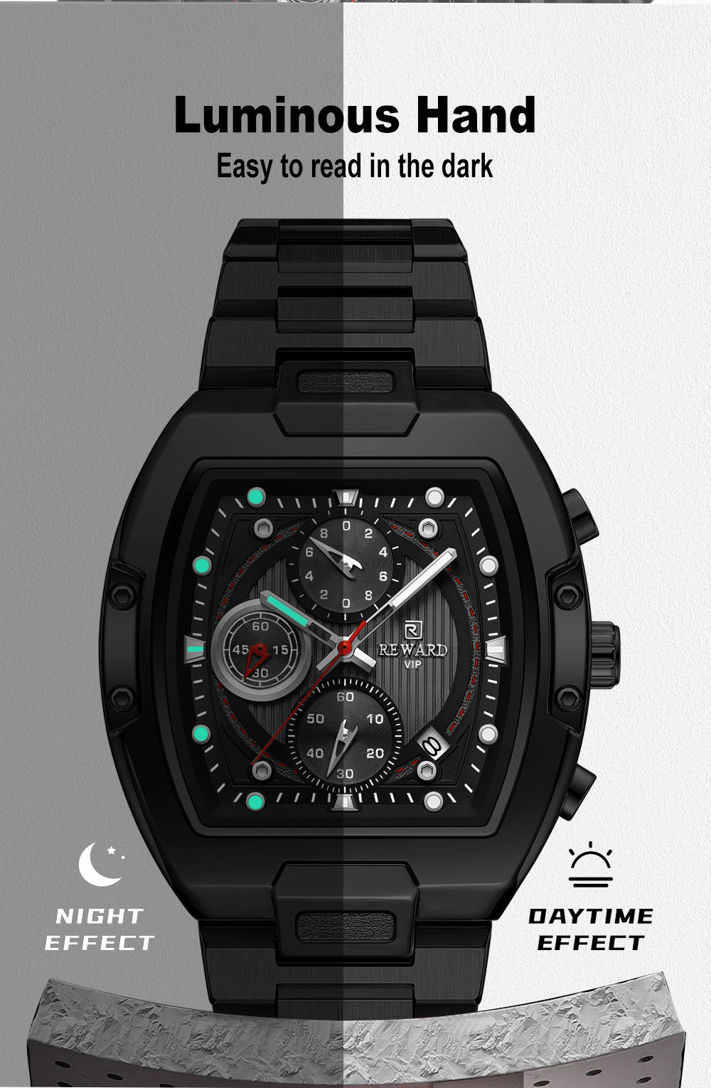 REWARD Men’s Tonneau Multifunction Chronograph Calendar Luminous Quartz Watch