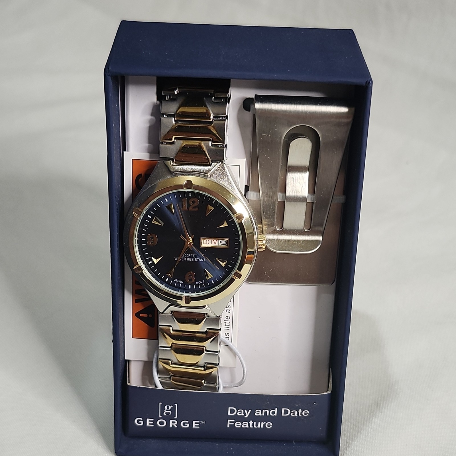 GEORGE Men’s Quartz Day-Date Two-Tone Metal Bracelet Watch Blue Dial 41mm