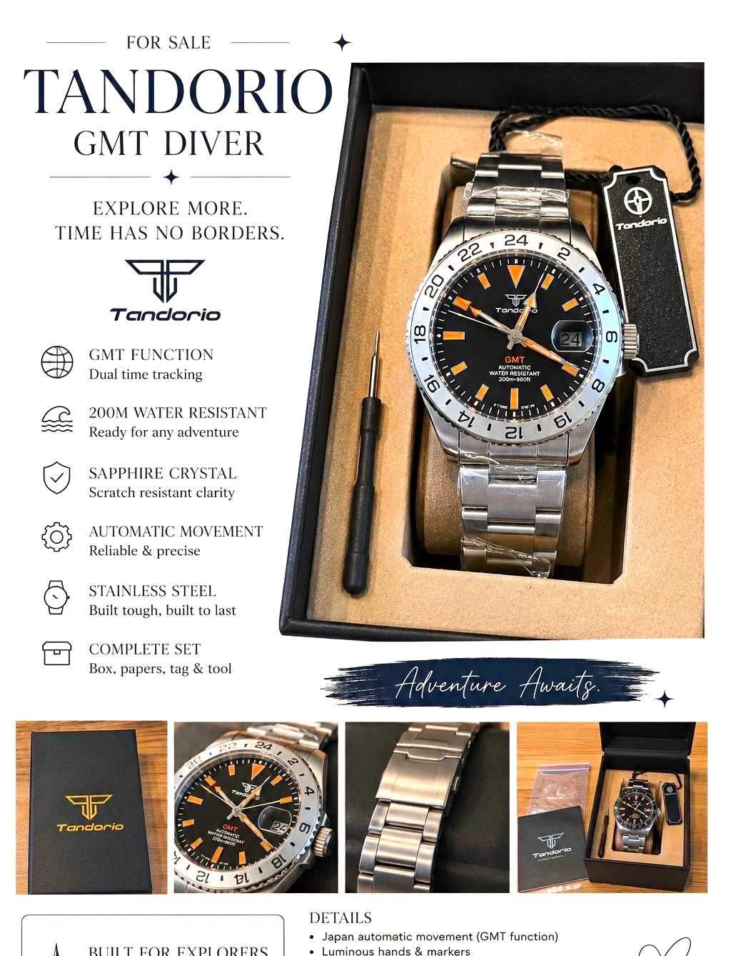 Tandorio GMT Diver Automatic 200m Sapphire Black/Orange Dial 40-43.9mm Box