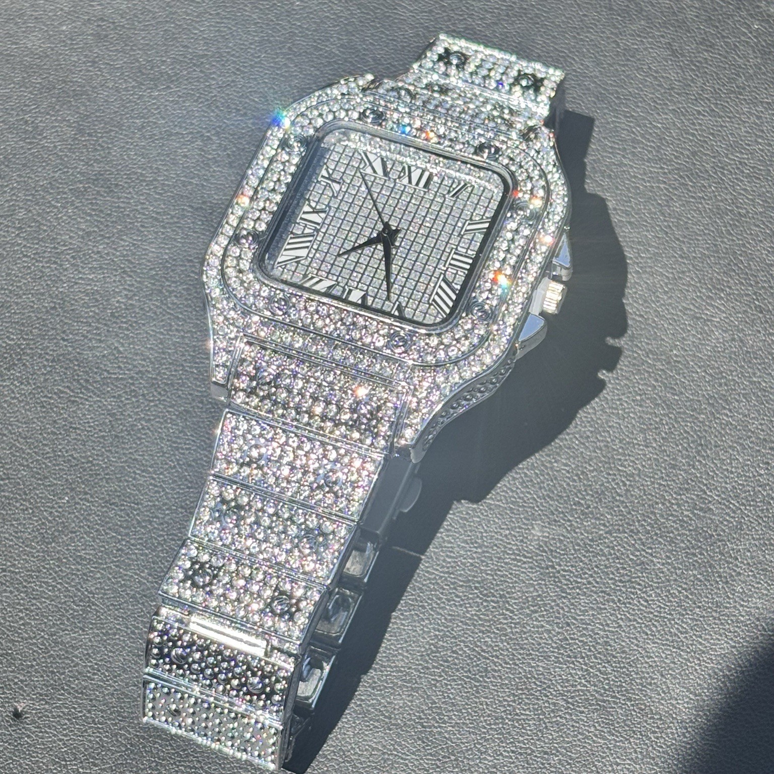 VVS Roman Numerals Square Dial Iced Out Diamond Watch Hip Hop Watch Silver Color
