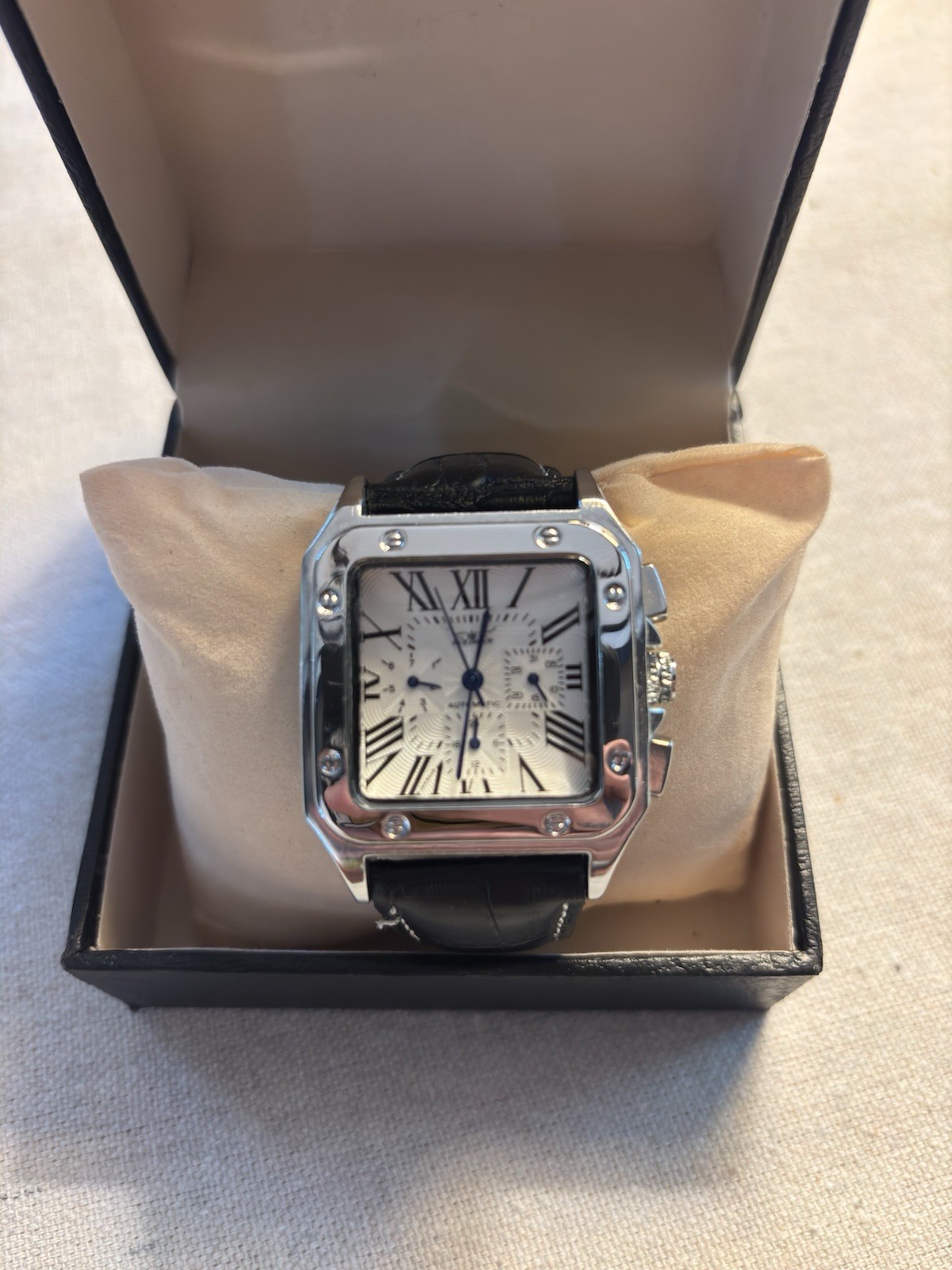 JARAGAR Automatic Square Watch White Roman Dial Black Leather Strap