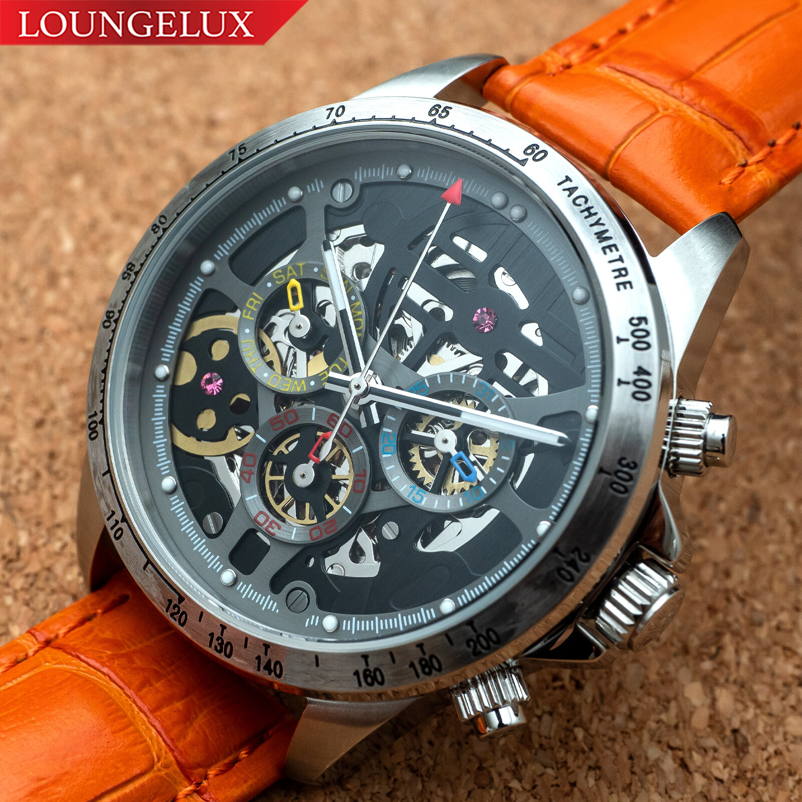 Mens Automatic Mechanical Watch Date Day Watch Silver Black Orange Leather