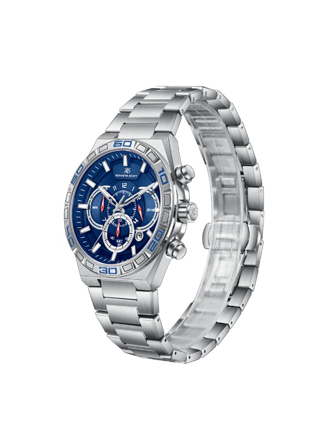 Kenneth Scott Men’s Chronograph Watch | Blue Dial, Silver Band, 43mm
