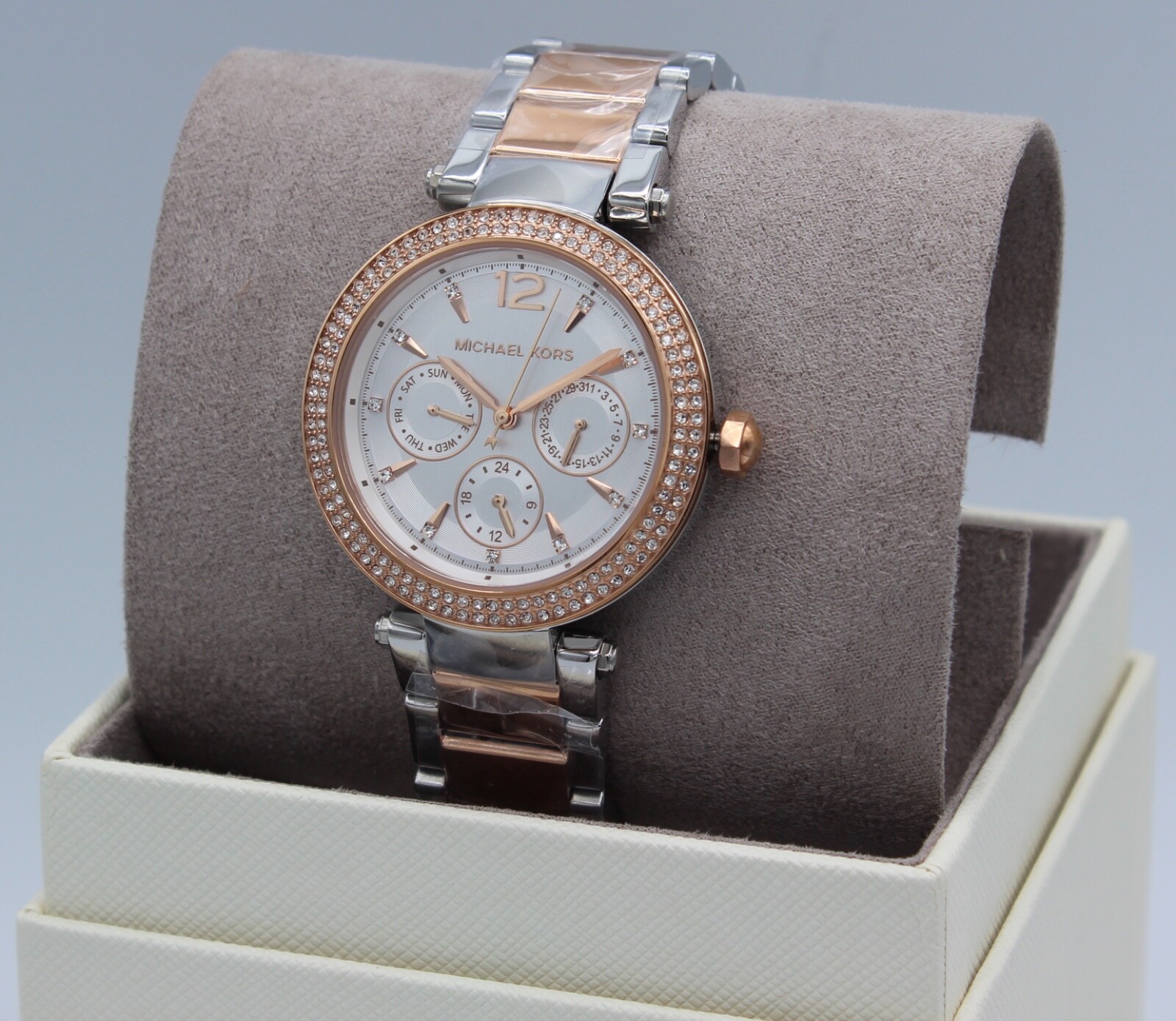 NEW AUTHENTIC MICHAEL KORS PARKER CHRONO SILVER ROSE GOLD MK6301 WOMEN’S WATCH