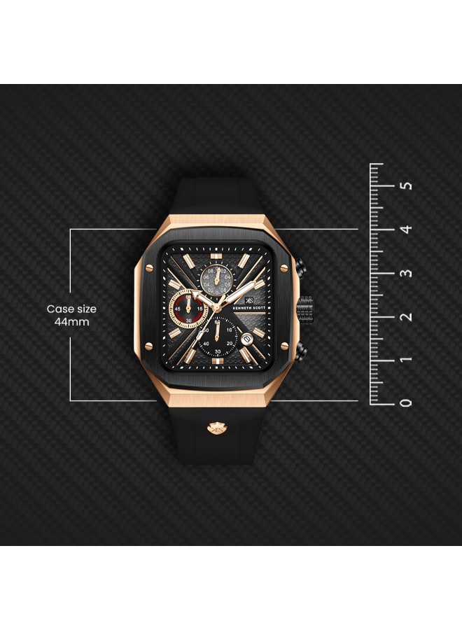 Kenneth Scott Men’s Chronograph Watch | Black Dial, Rose Gold Case, 44mm