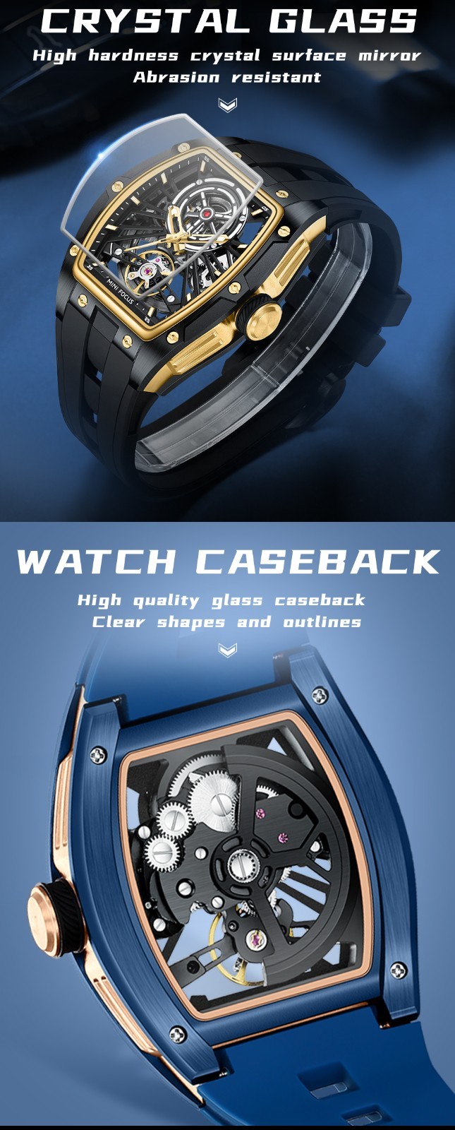 MINI FOCUS Men’s Tonneau Skeleton Flywheel Silicone Automatic Mechanical Watch
