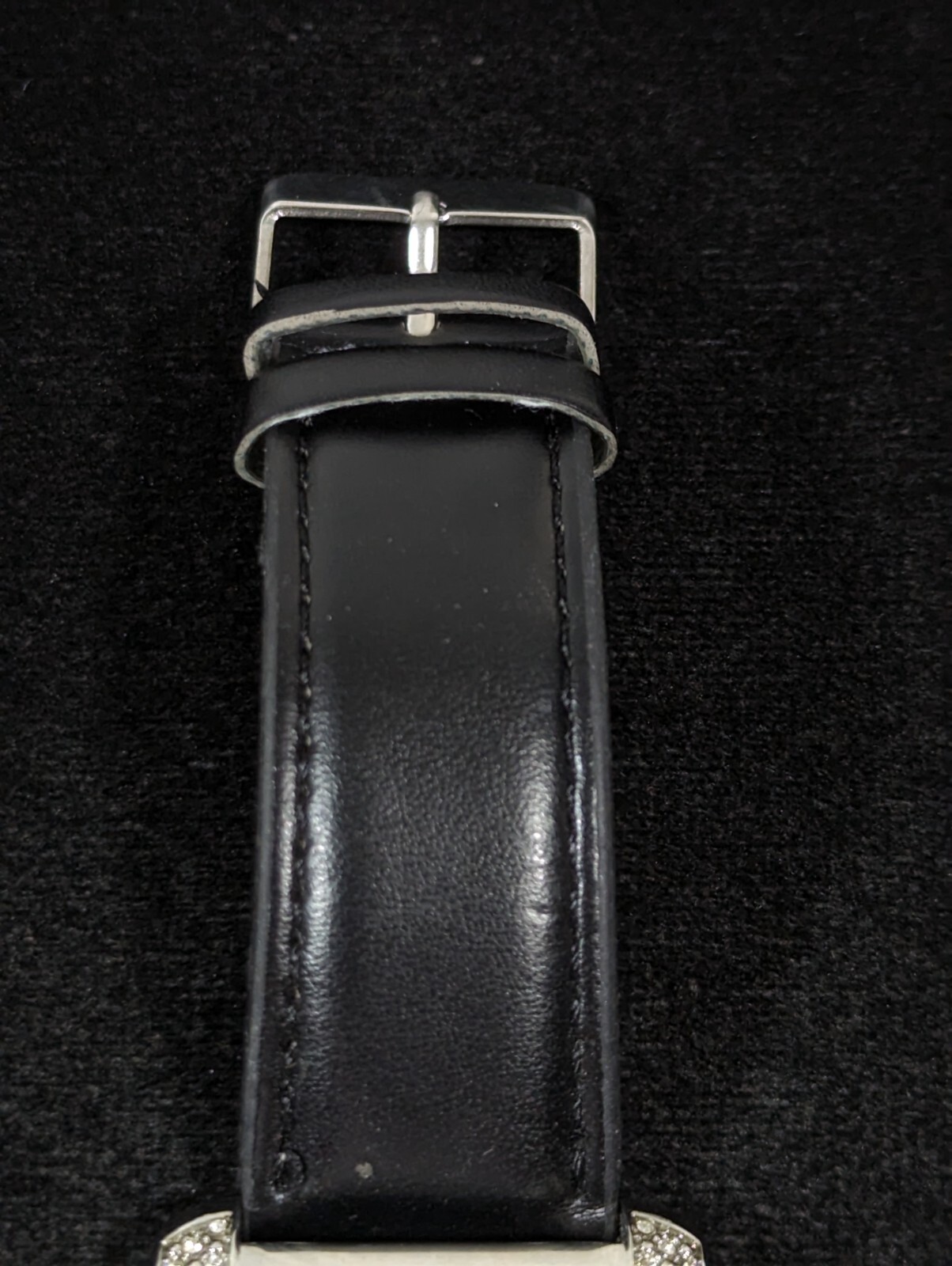 Studio Silver Tone Dial Crystal Accent Rectangle Case Black Band Watch 7.5 In