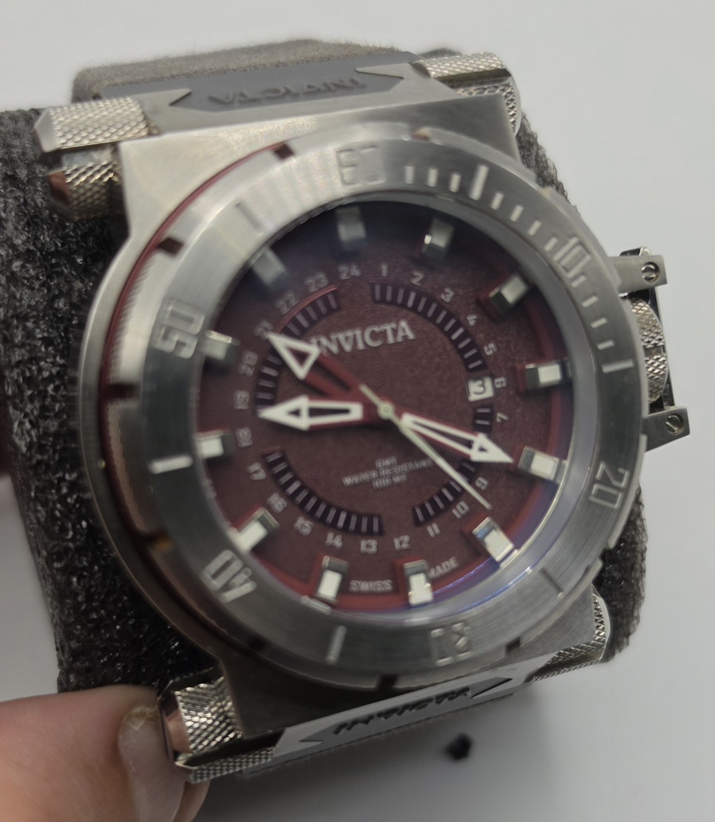 RARE 12686 Men’s Coalition Forces Burgundy Dial Fabric & Leather Strap GMT Steel
