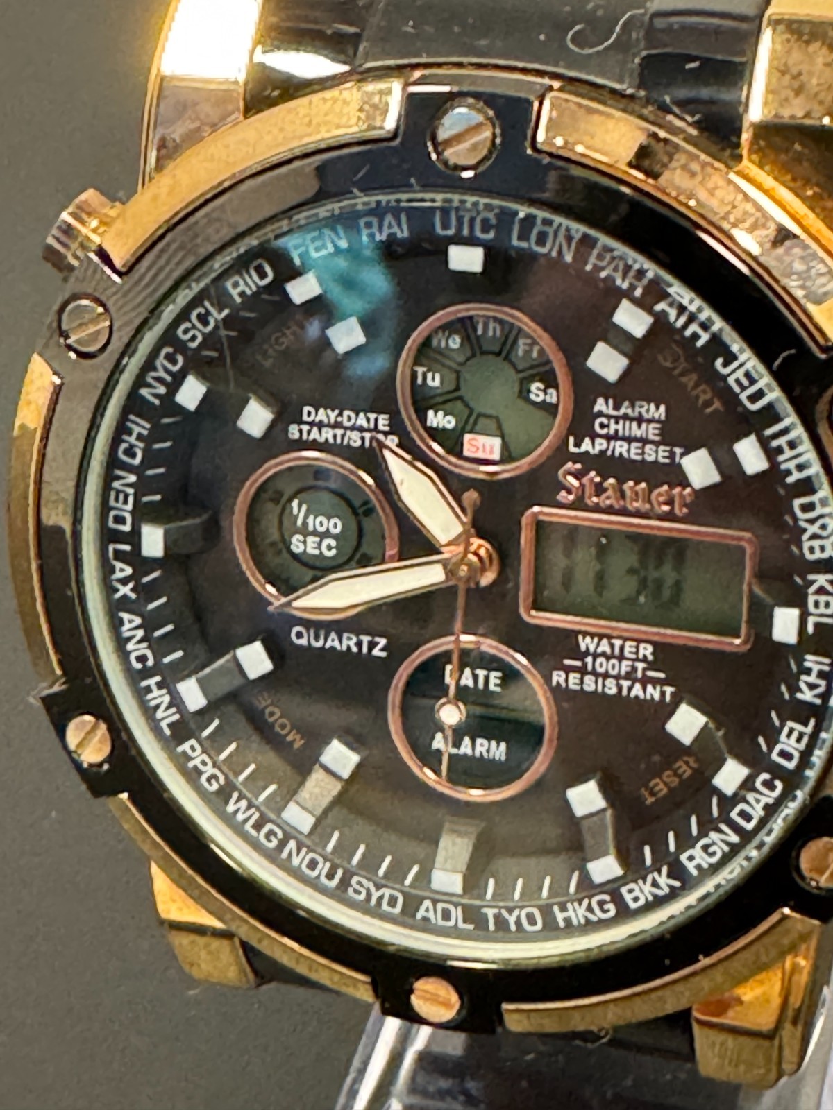 Stauer Due Volta Ana-Digi Chronograph Rose Gold/Black Link Watch 52318