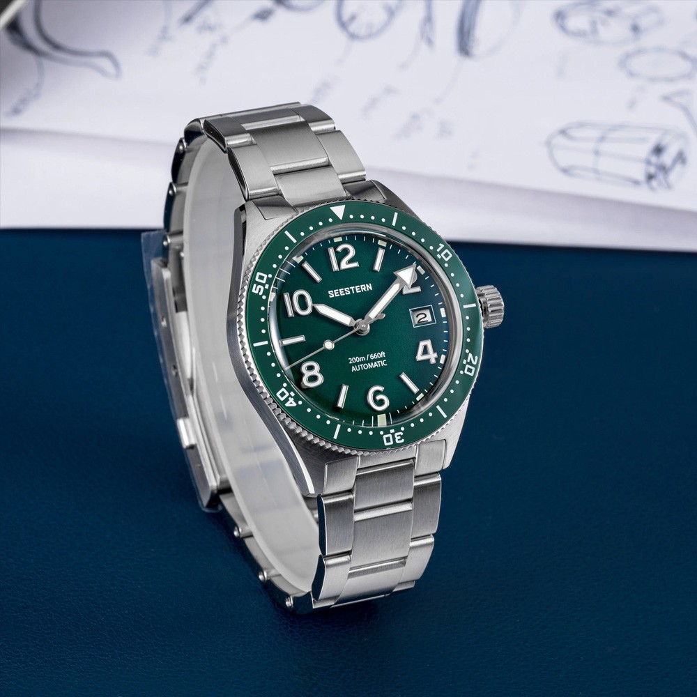 Seestern S434-2 Automatic Silver Green Date Sapphire Mesh Men’s Watch