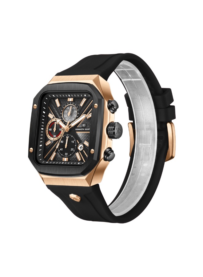 Kenneth Scott Men’s Chronograph Watch | Black Dial, Rose Gold Case, 44mm