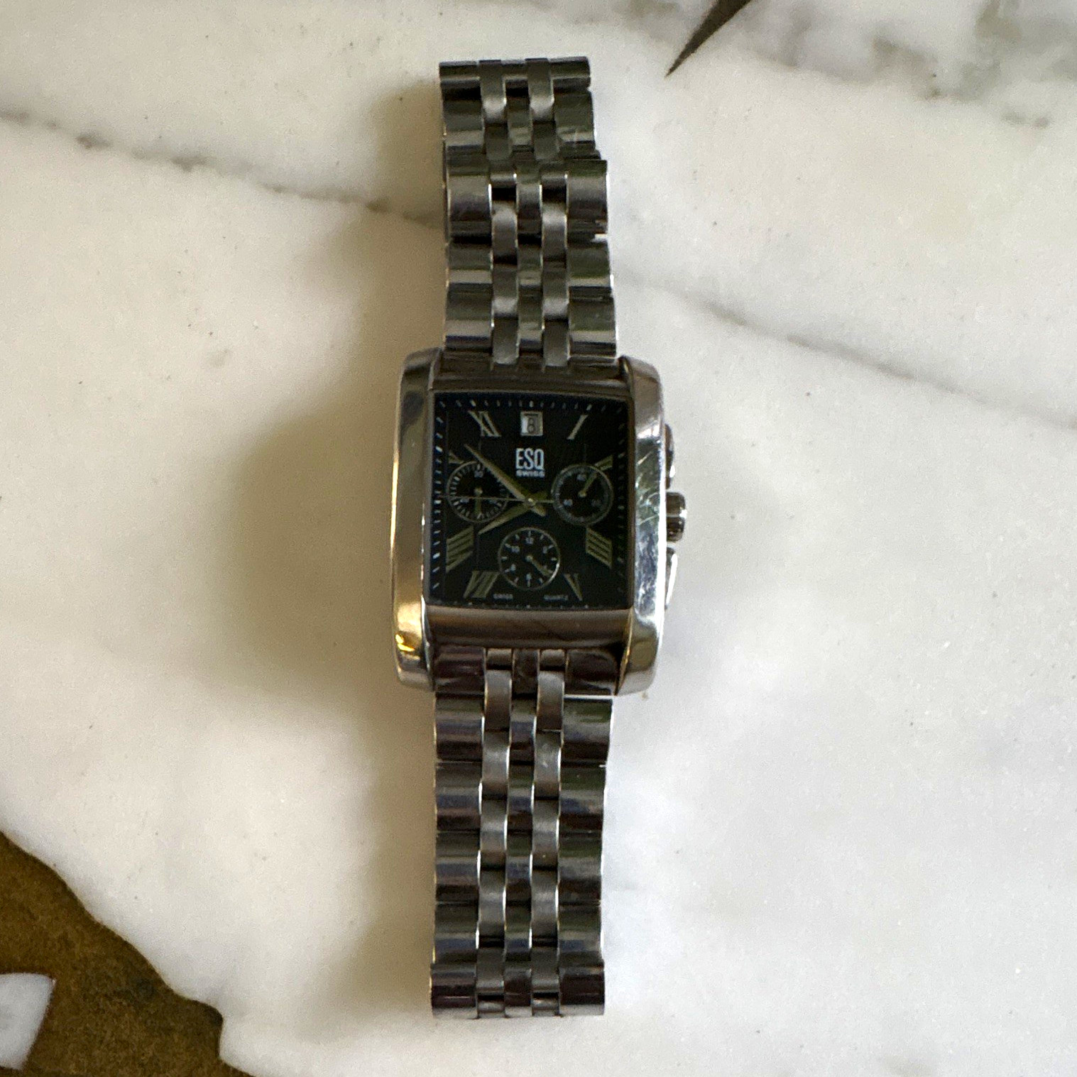 ESQ Movado Men’s Rectangular Chronograph Date Watch Black Dial Silver Bracelet