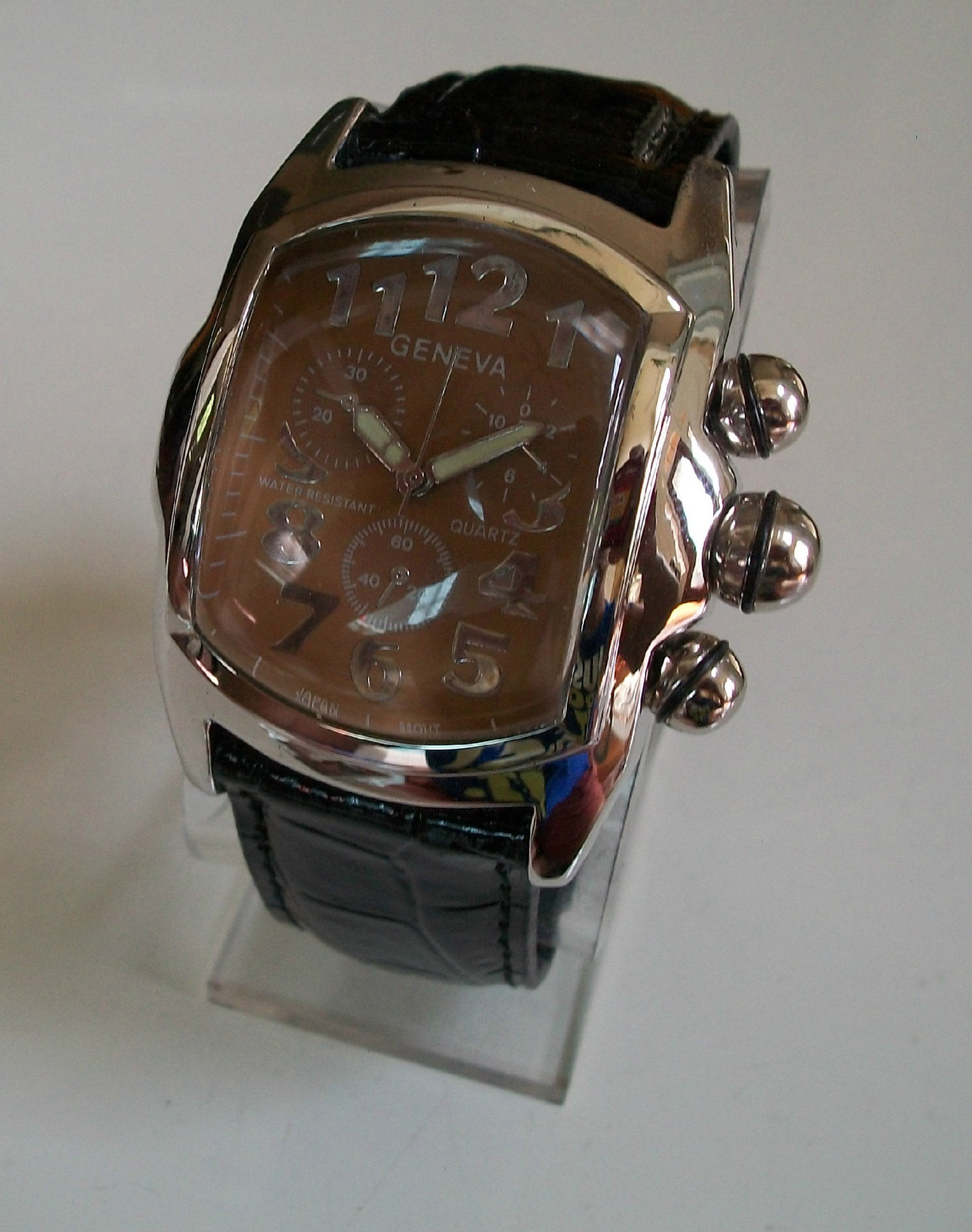 MEN’S SILVER FINISH BEIGE DIAL BLACK LEATHER BAND FASHION CASUAL HIP HOP WATCH