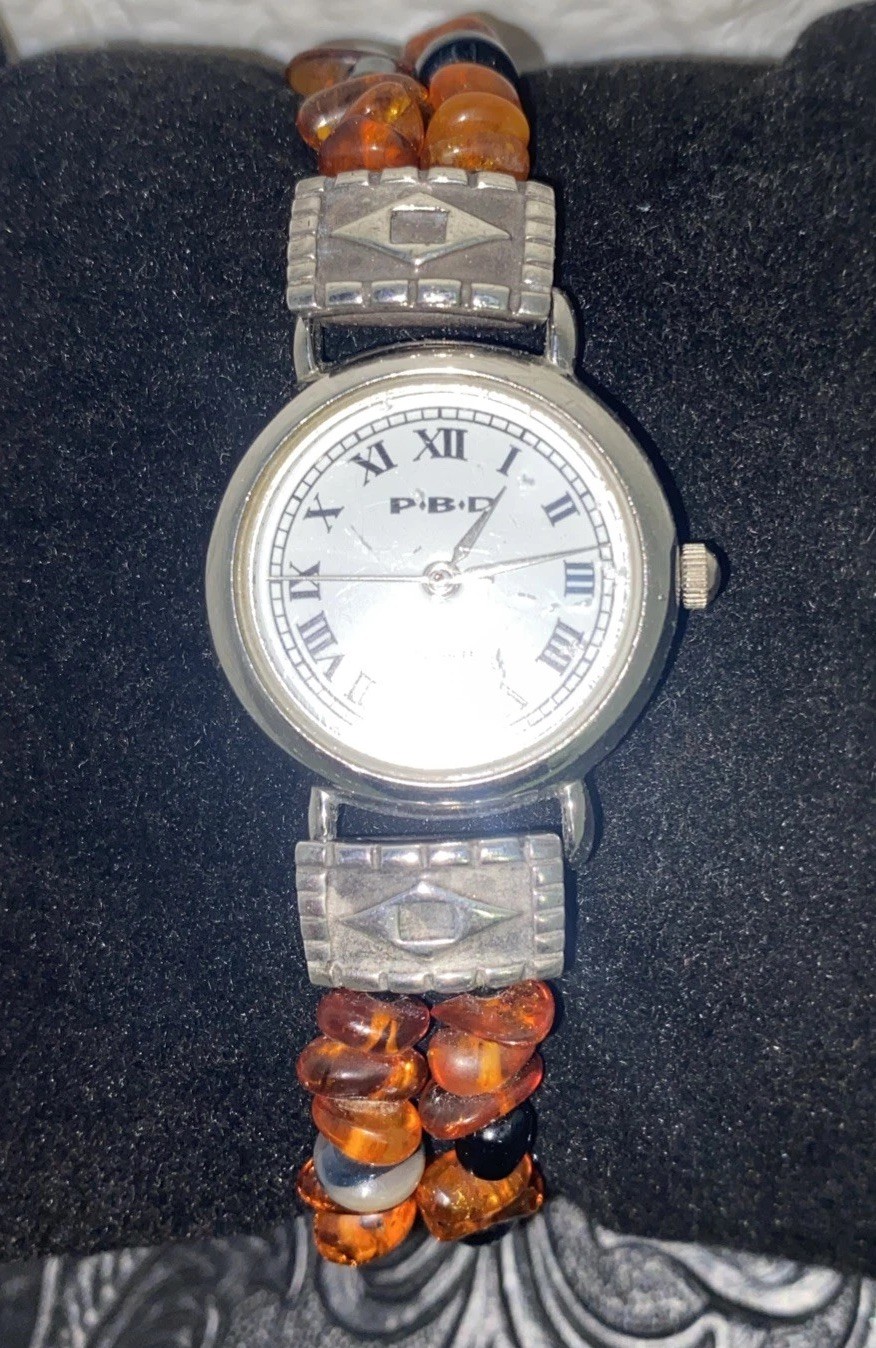 Vintage Peyote Bird Designs Watch Amber Black Onyx 925 New Battery SCRATCHES SEE