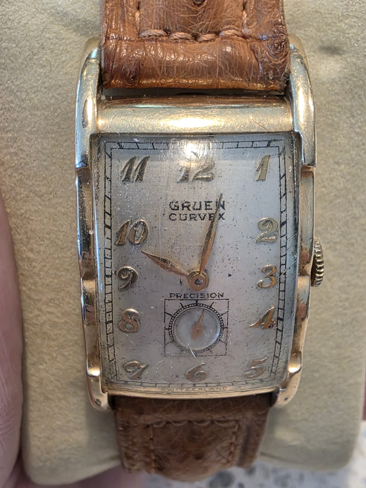 Gruen Curvex Manual 17J Gold Filled Rectangular Watch Silver Dial Leather