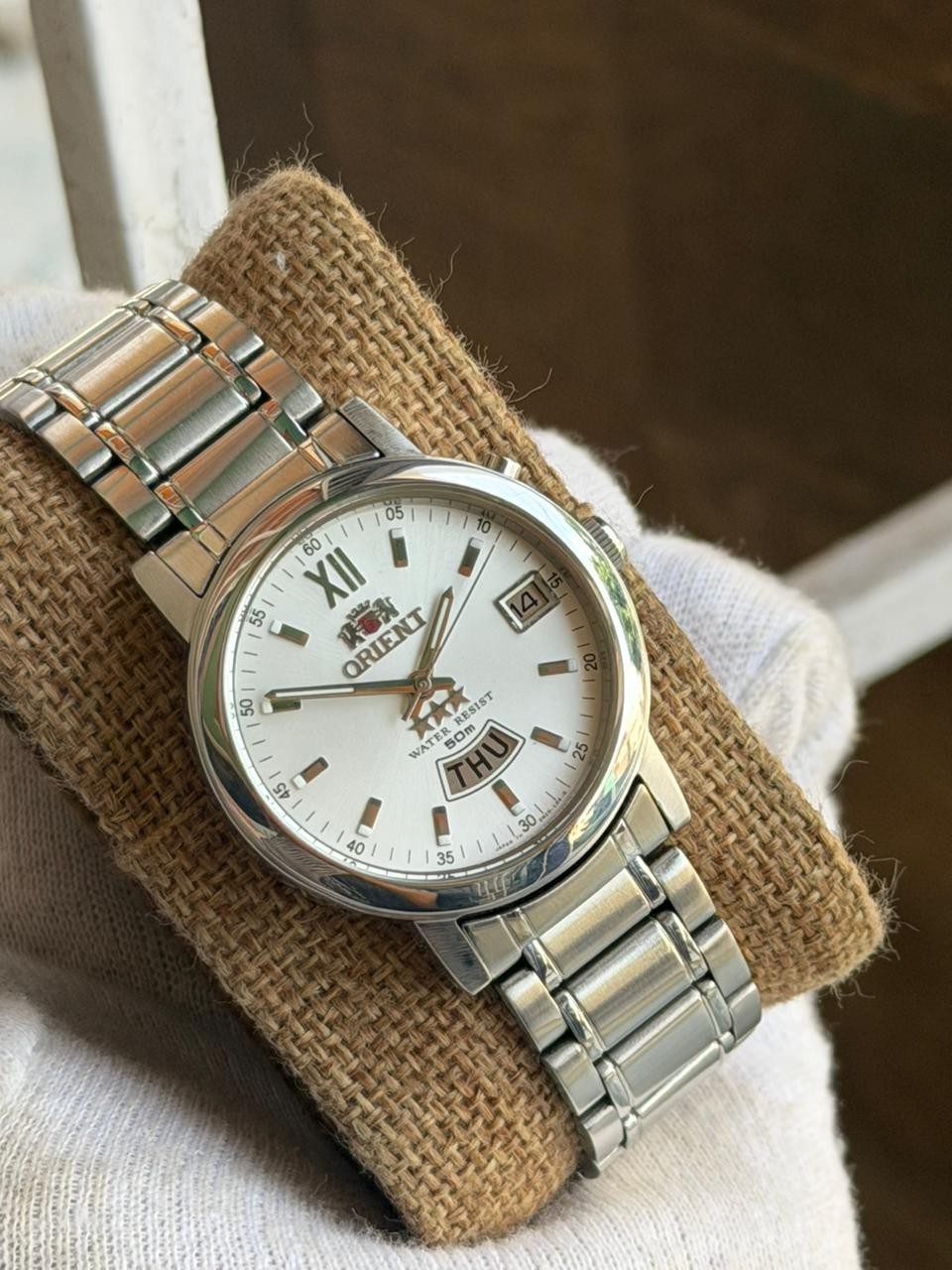 Orient 3 Star Automatic Men’s Day Date White Dial Stainless Steel Japan Watch