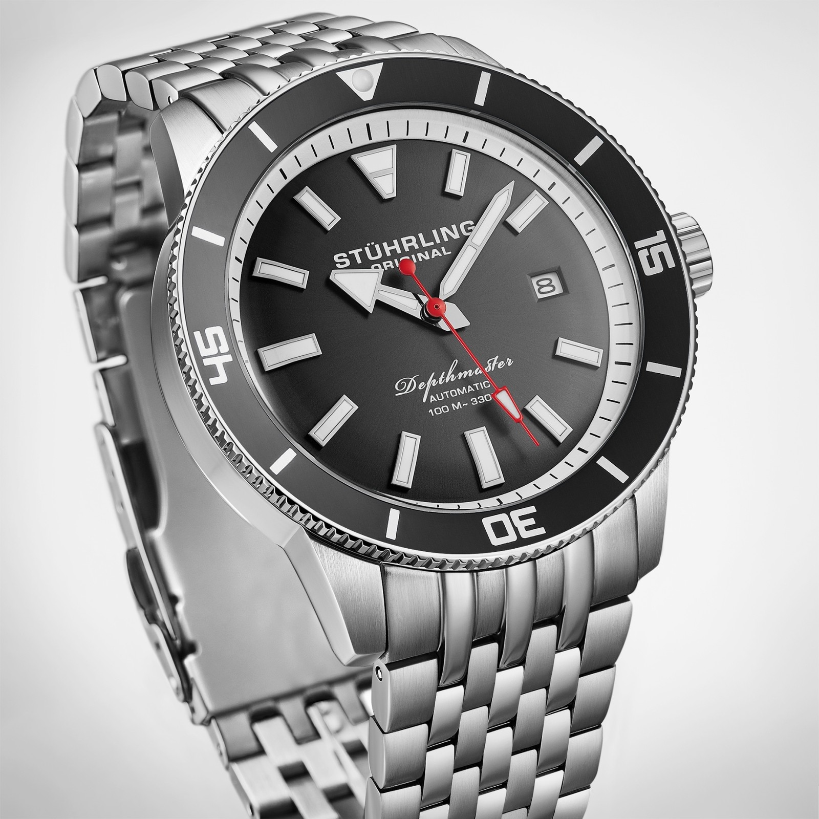 Stuhrling 4086 1 Aquadiver Depthmaster Automatic Date Black Dial Mens Watch