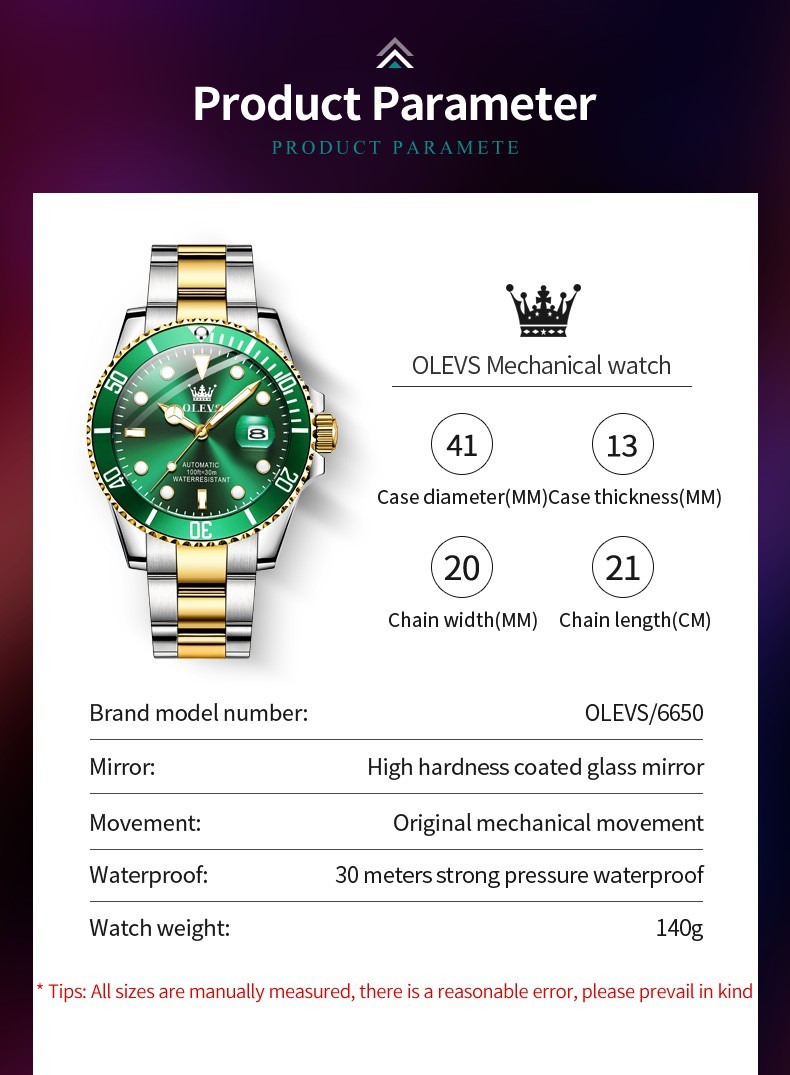 OLEVS Men’s Watch Automatic Mechanical, Stainless Steel Luminous Waterproof Date