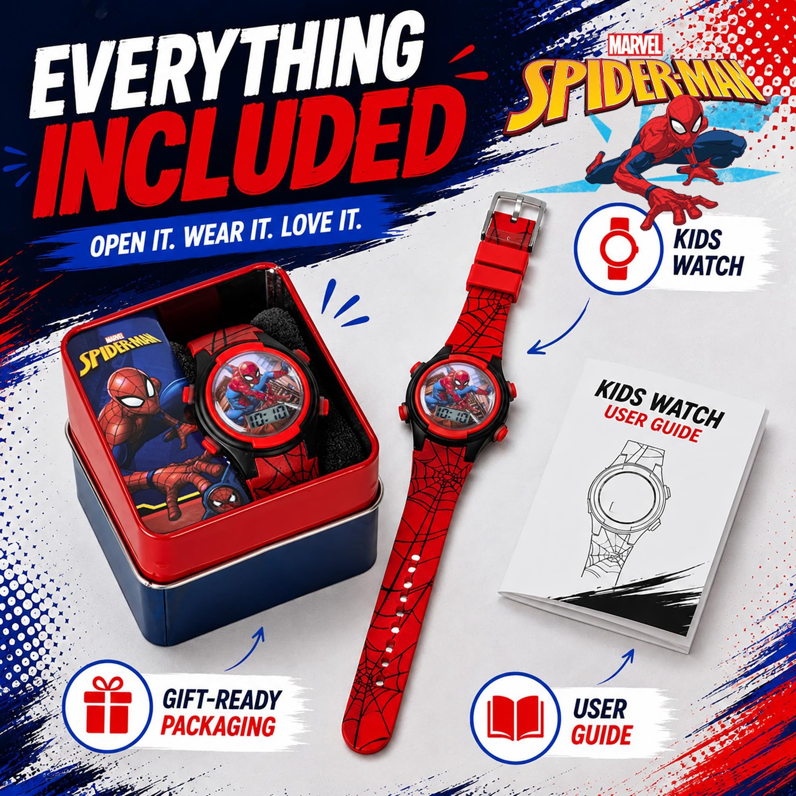 Accutime Marvel Spider-Man Digital Watch for Kids – Spiderman:Red, Red /Black