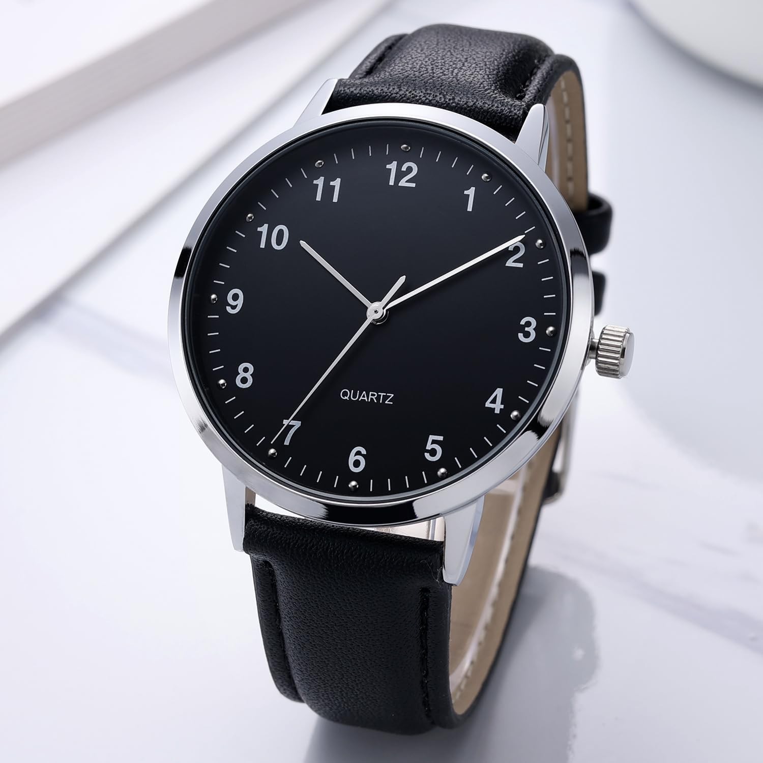 Mens Black Large Dial Arabic Numerals Black Belt Modern Classic Men’s Watch